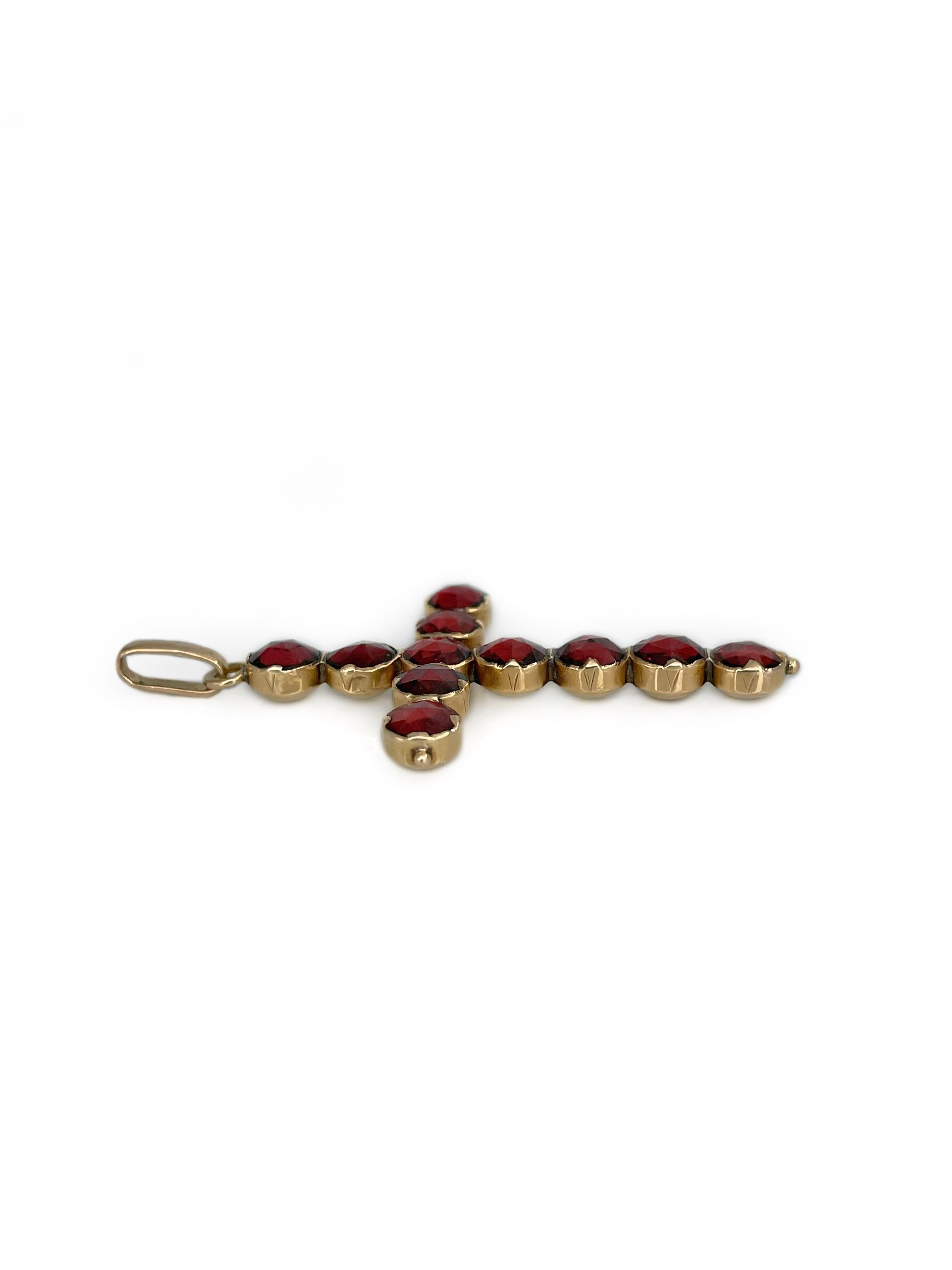 Victorien Pendentif croix victorien en or 14 carats avec grenat rouge taille rose de 6,00 carats en vente