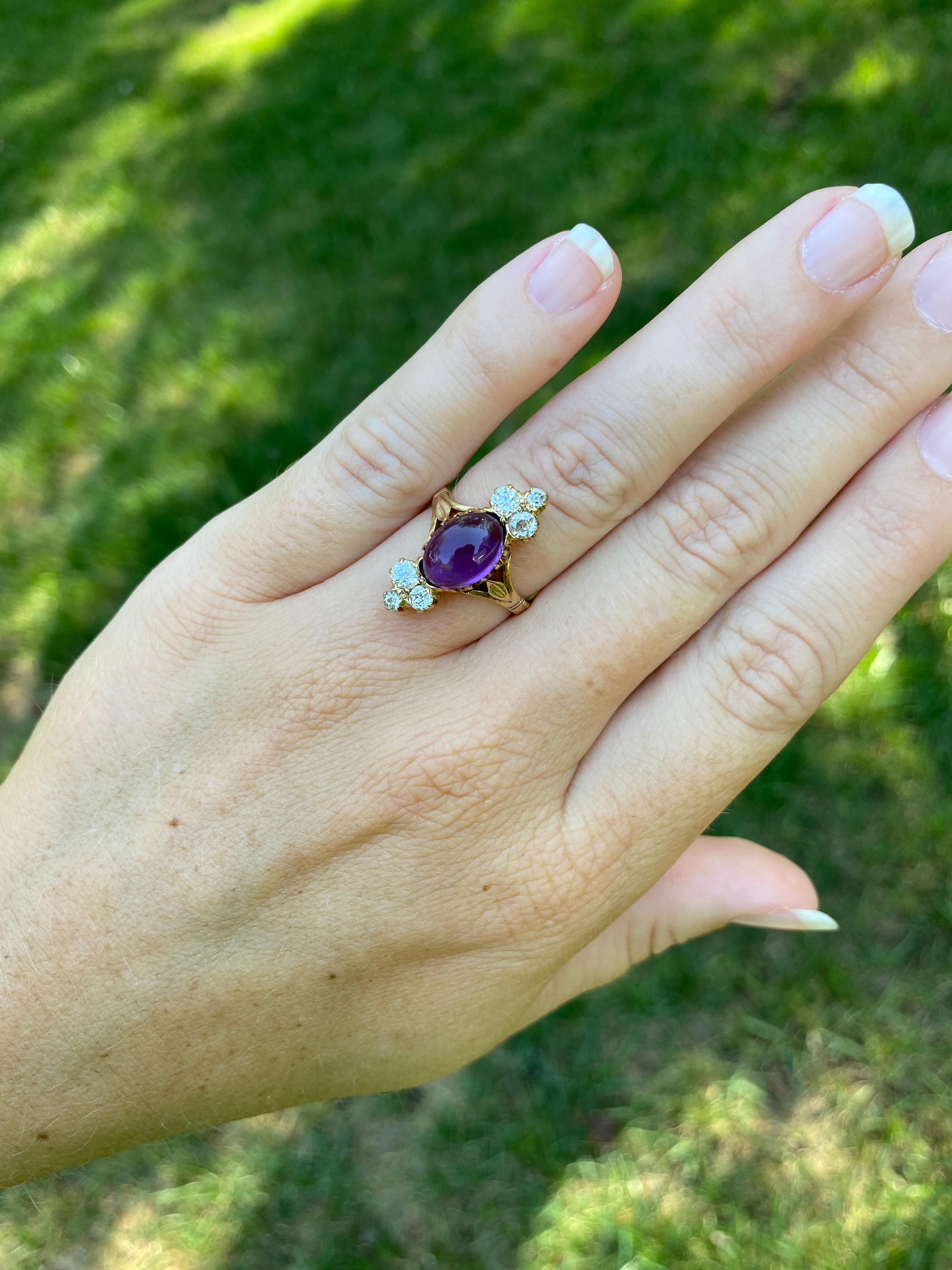 Victorian 14 Karat Gold, Amethyst and Diamond Navette Ring In Good Condition In McLeansville, NC