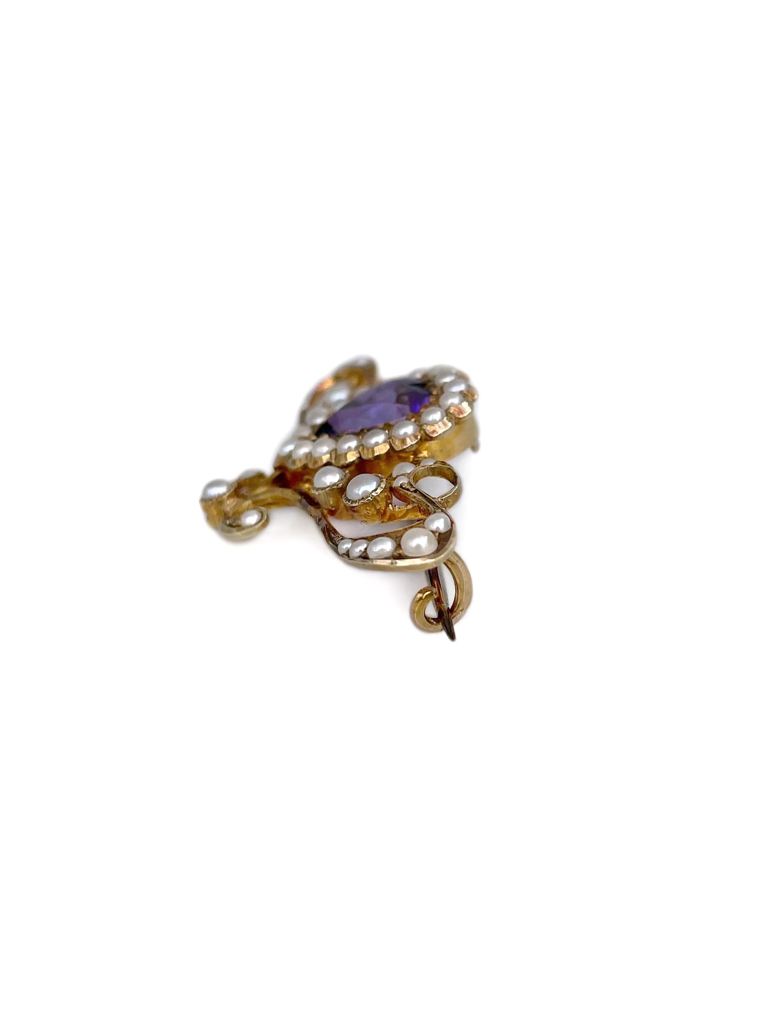 Viktorianische 14 Karat Gold Amethyst Seed Pearl Herz Brosche (Gemischter Schliff) im Angebot
