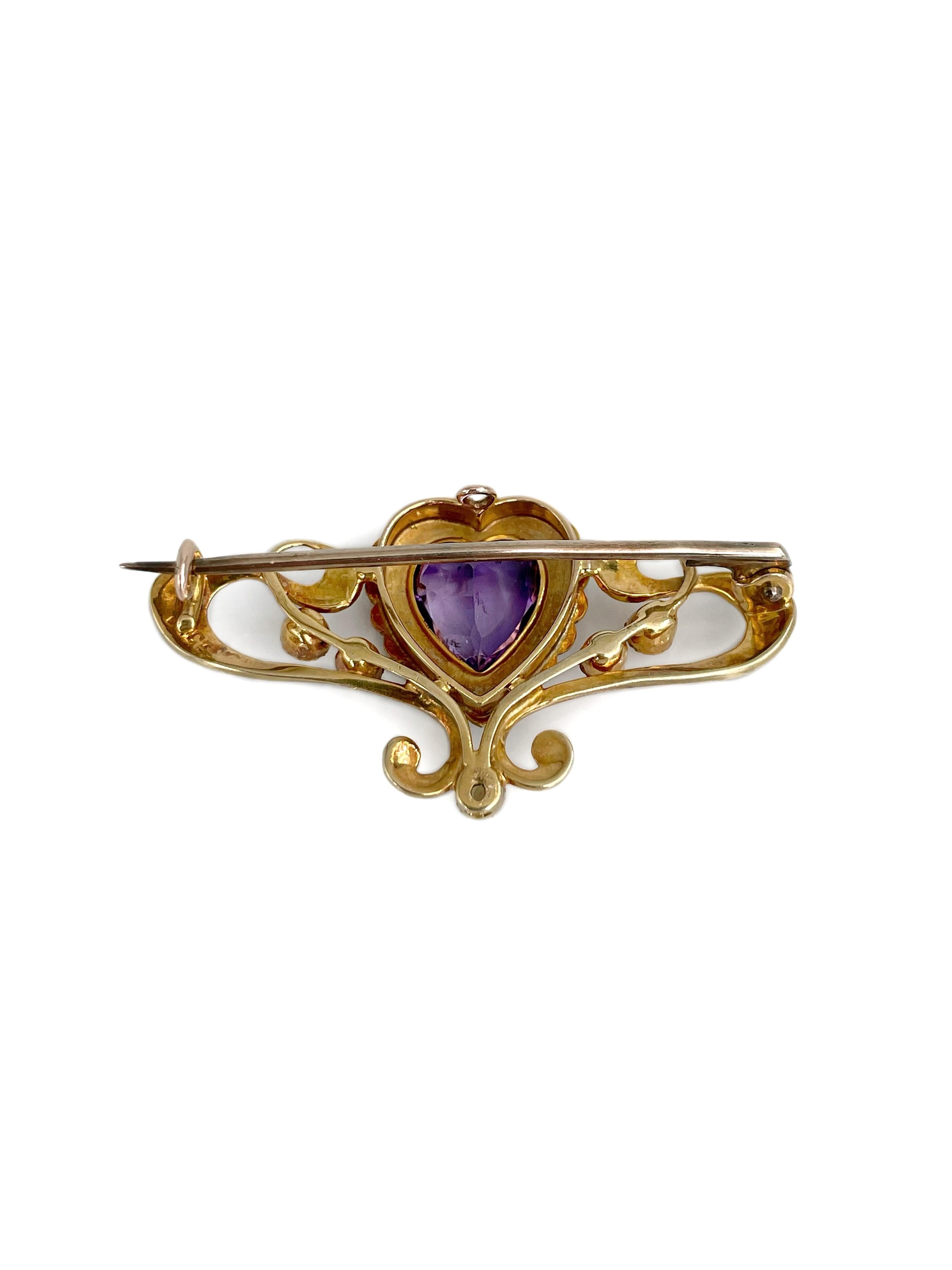 Viktorianische 14 Karat Gold Amethyst Seed Pearl Herz Brosche im Zustand „Gut“ im Angebot in Vilnius, Vilniaus apskr.