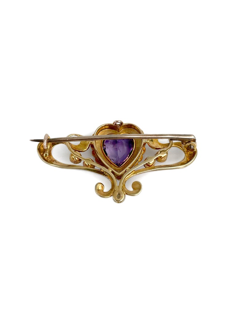 Broche Victoriènne En Or 14K Avec Améthyste Et Perle Fine - Bijou Ancien Sublime XIXe Siècle