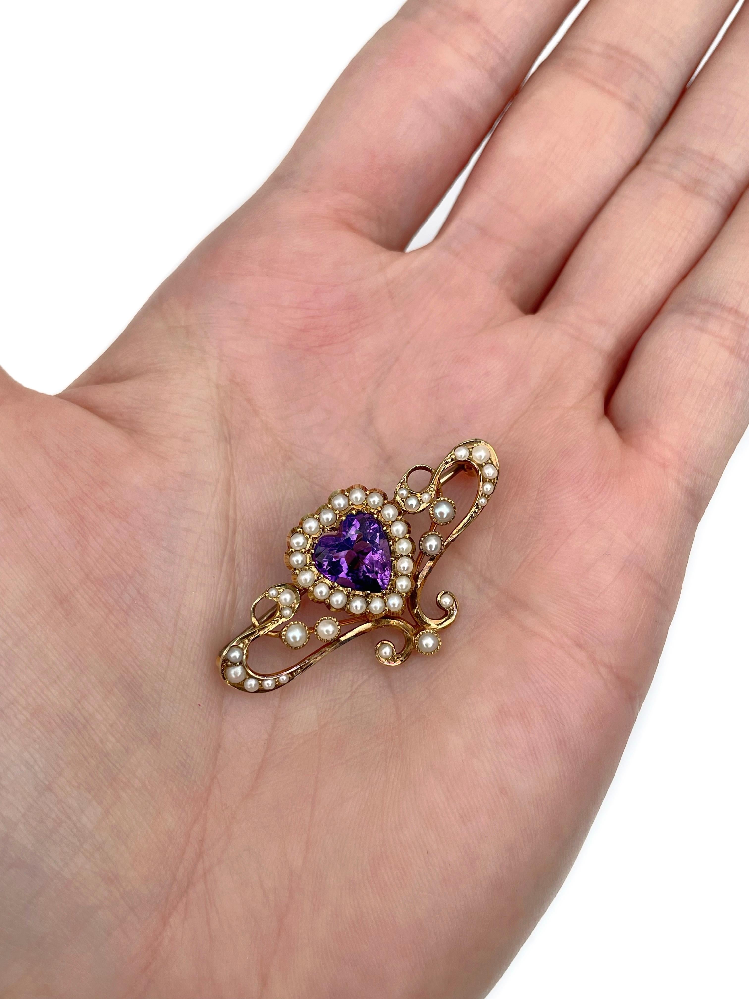 Viktorianische 14 Karat Gold Amethyst Seed Pearl Herz Brosche Damen im Angebot