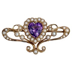 Victorian 14 Karat Gold Amethyst Seed Pearl Heart Pin Brooch