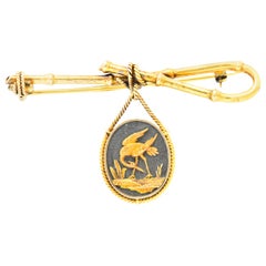 Victorian 14 Karat Gold and Mixed Metal Heron Bamboo Brooch
