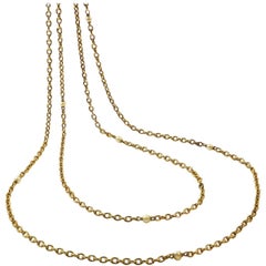 Victorian 14 Karat Gold and Pearl Long Guard Chain Necklace, Vienna, circa 1880