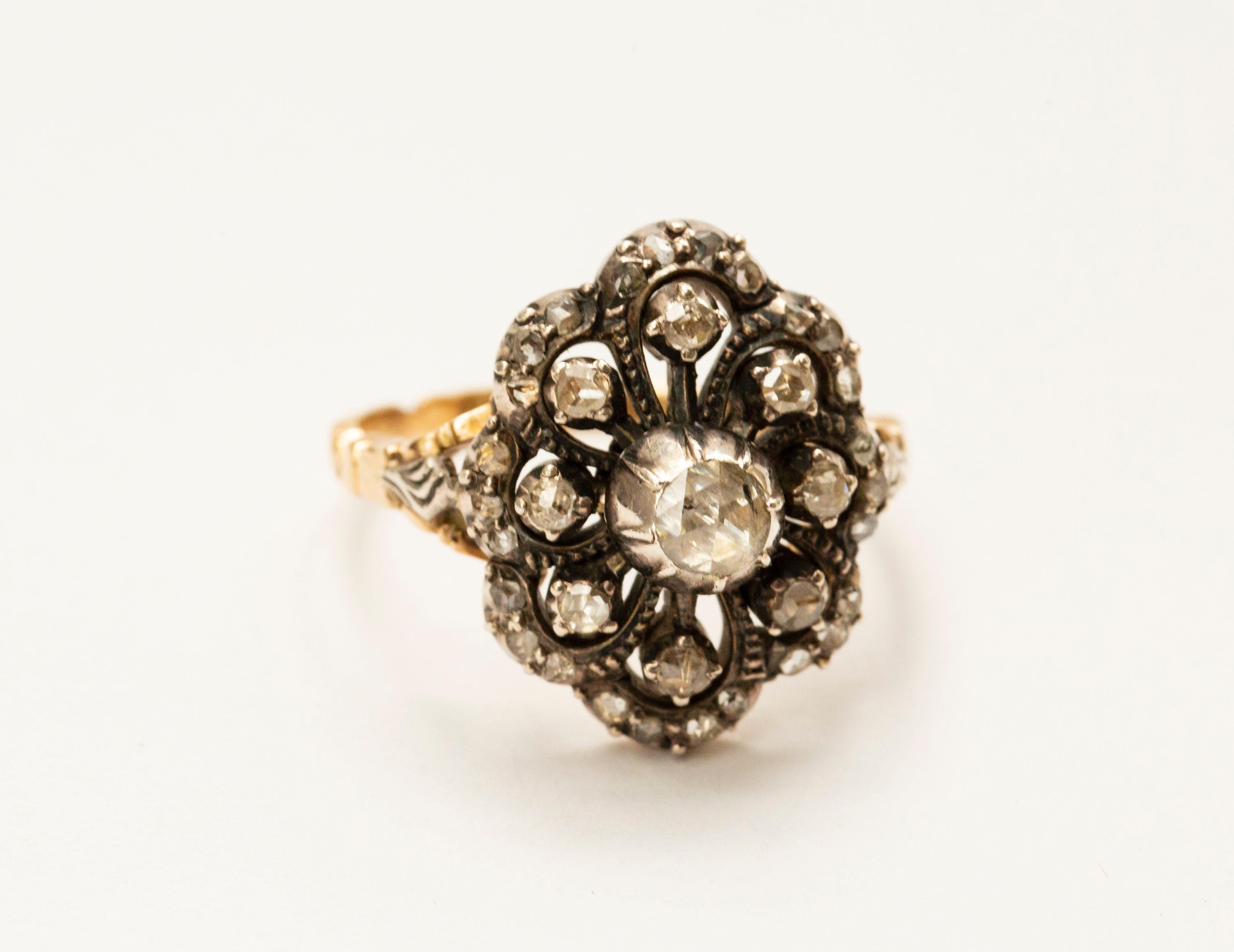 Rose Cut Victorian 14 Karat Gold and Silver Cluster Diamonds Cocktail Ring For Sale