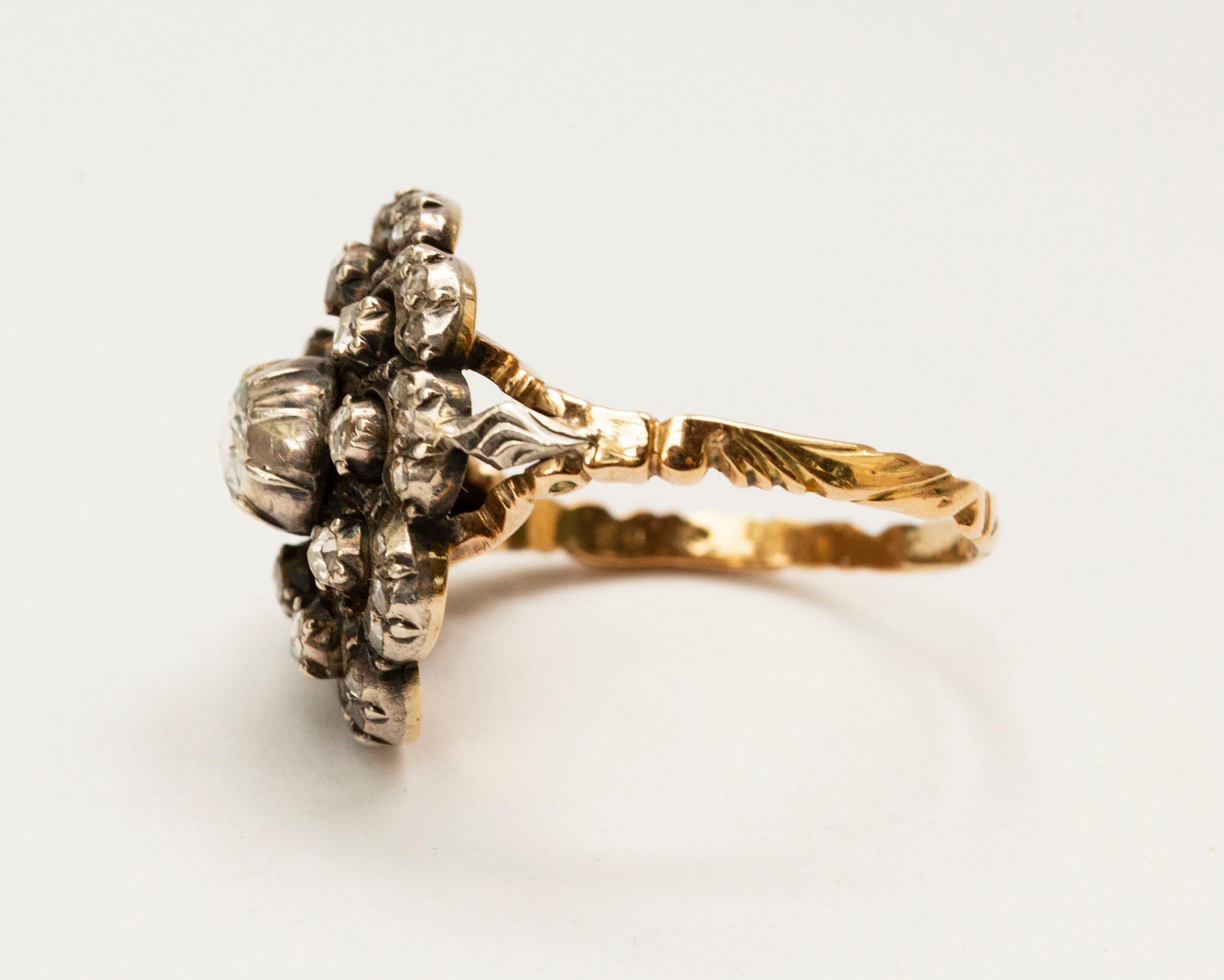 Victorian 14 Karat Gold and Silver Cluster Diamonds Cocktail Ring For Sale 1