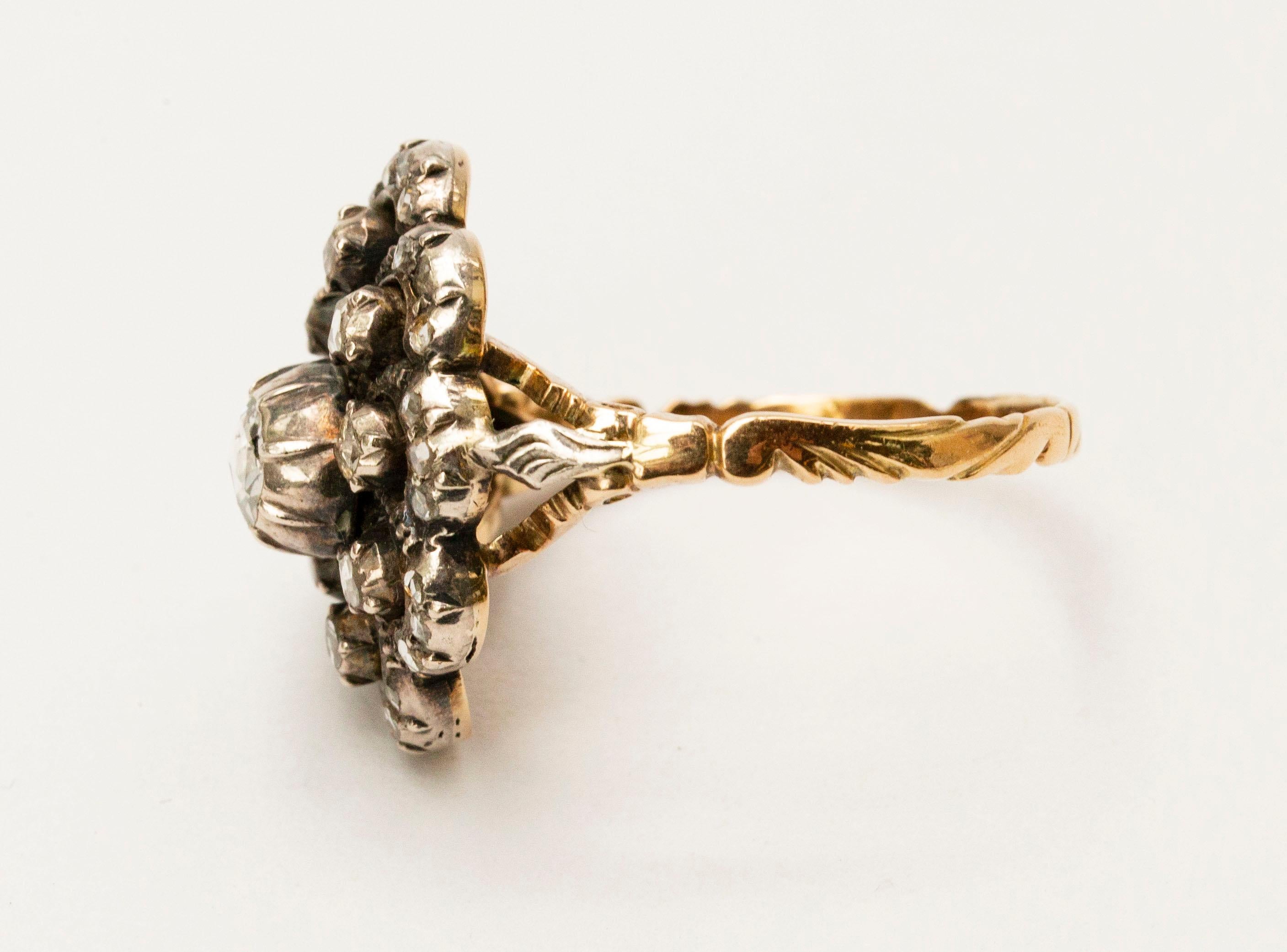 Victorian 14 Karat Gold and Silver Cluster Diamonds Cocktail Ring For Sale 2