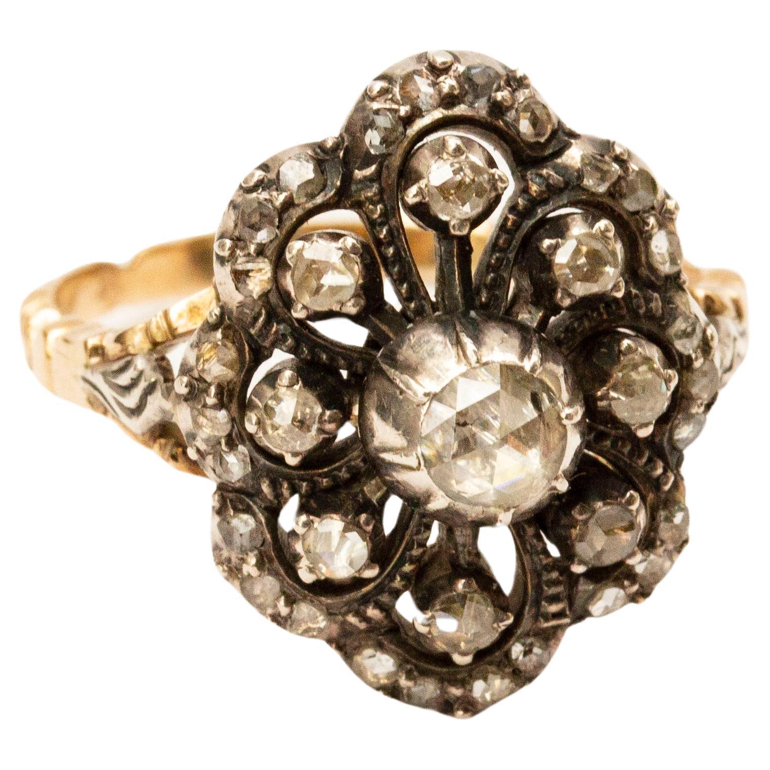 Victorian 14 Karat Gold and Silver Cluster Diamonds Cocktail Ring For Sale