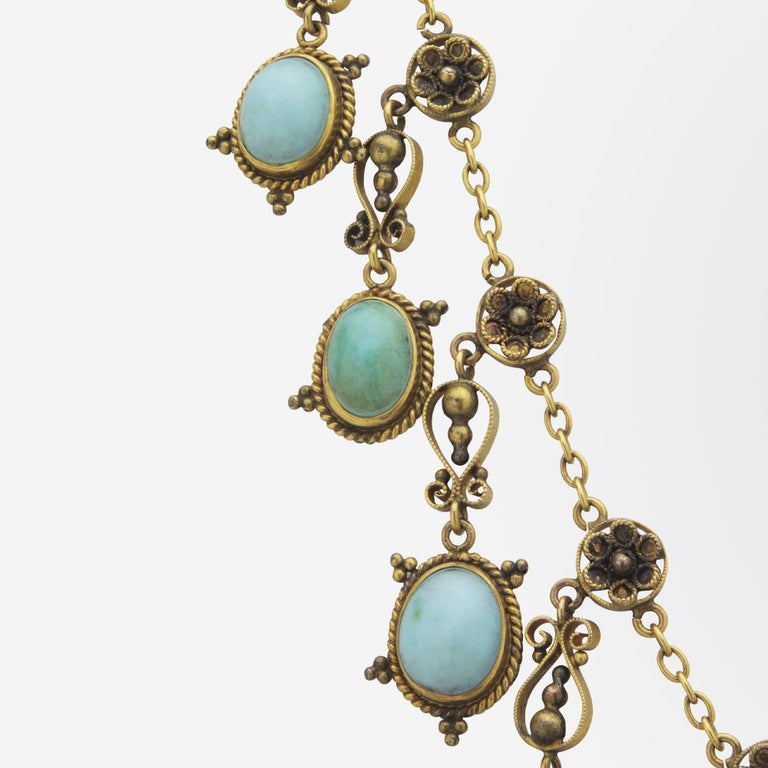 Cabochon Victorian 14 Karat Gold and Turquoise Festoon Necklace