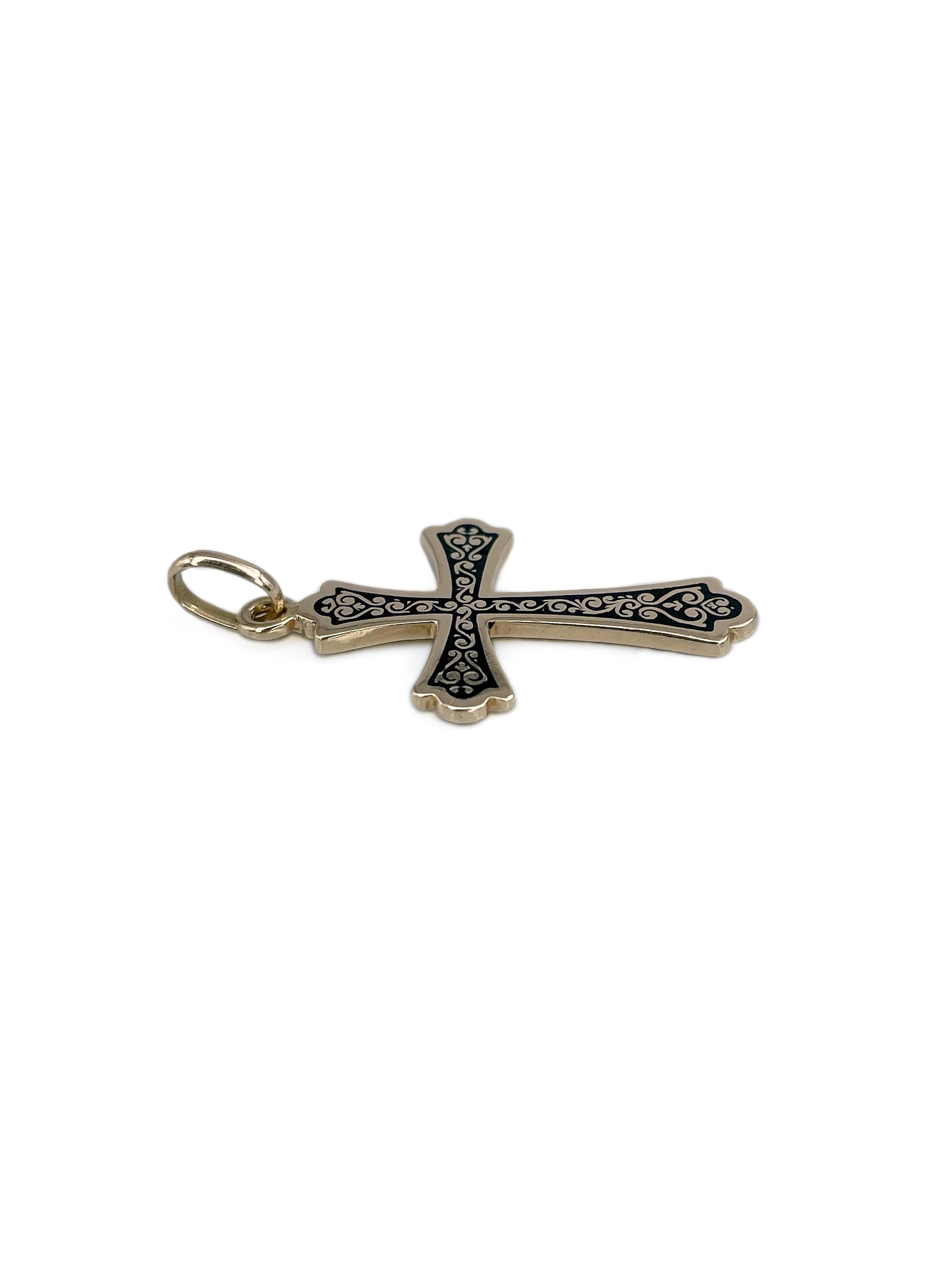 Women's or Men's Victorian 14 Karat Gold Black Enamel Ornament Small Cross Pendant For Sale