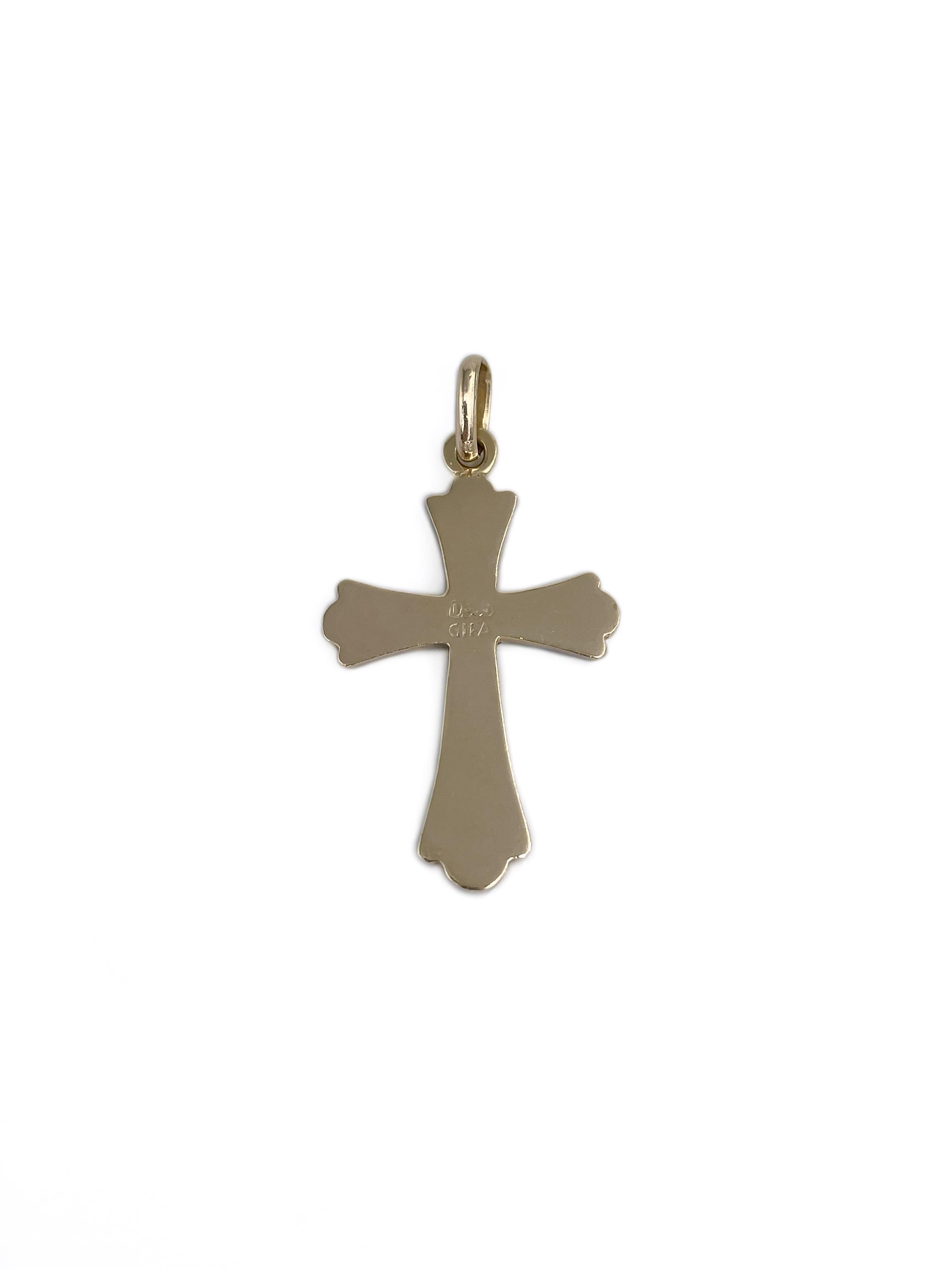Pendentif Victorien en or 14 carats avec ornement en émail noir et petite croix en vente 1