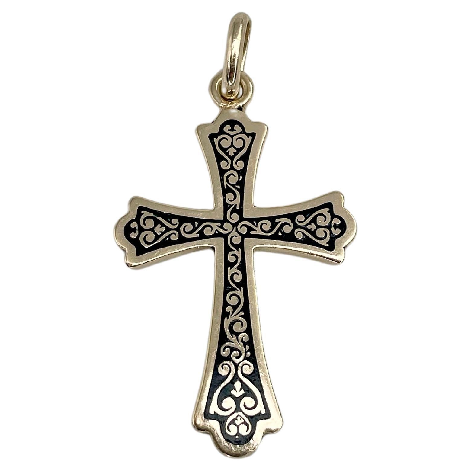 Victorian 14 Karat Gold Black Enamel Ornament Small Cross Pendant For Sale