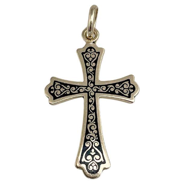 Victorian 14 Karat Gold Black Enamel Ornament Small Cross Pendant For ...