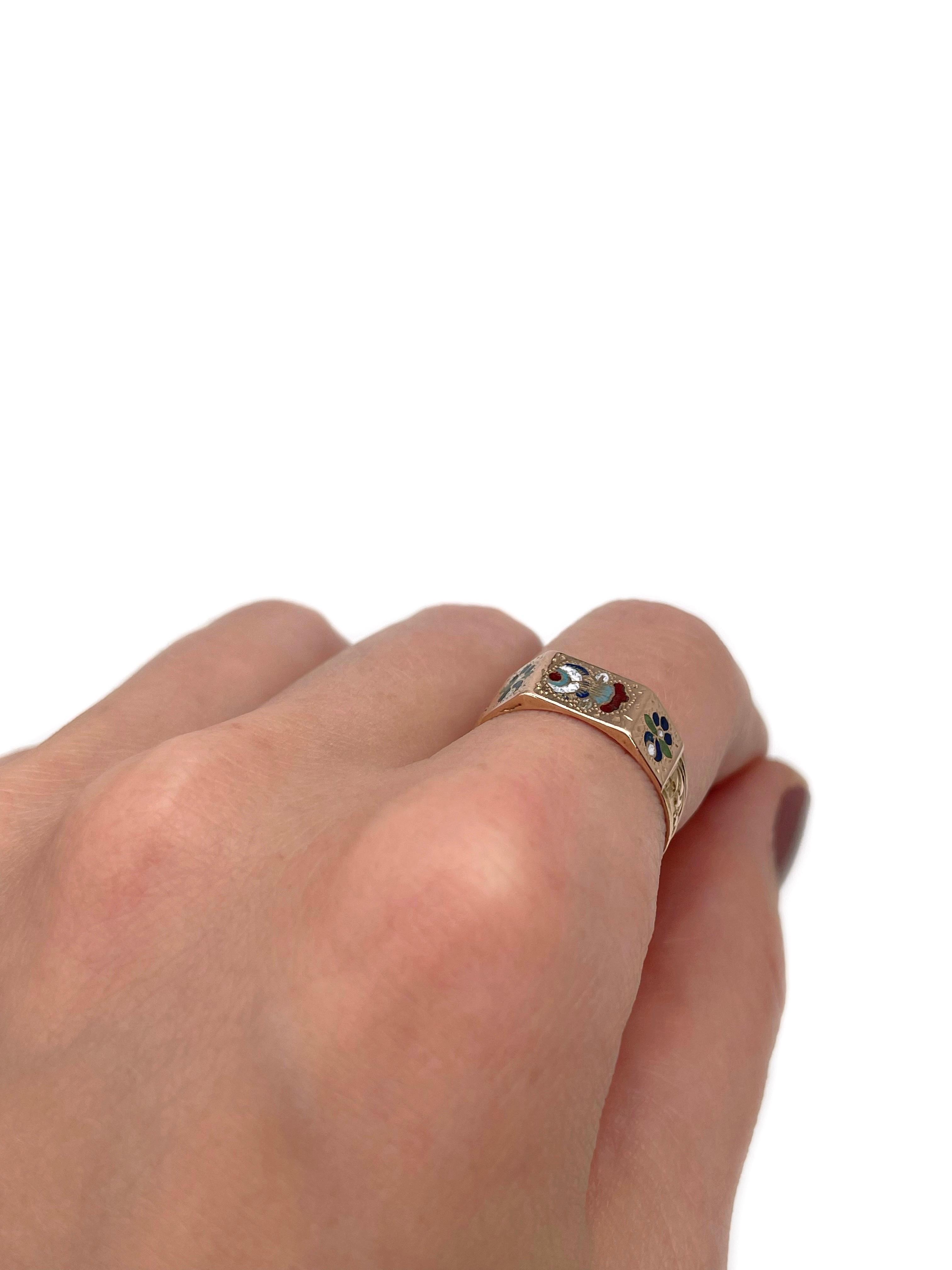 Viktorianischer 14 Karat Gold Blau Rot Grün Weiß Emaille Blumenmotiv Band Ring im Zustand „Gut“ im Angebot in Vilnius, Vilniaus apskr.