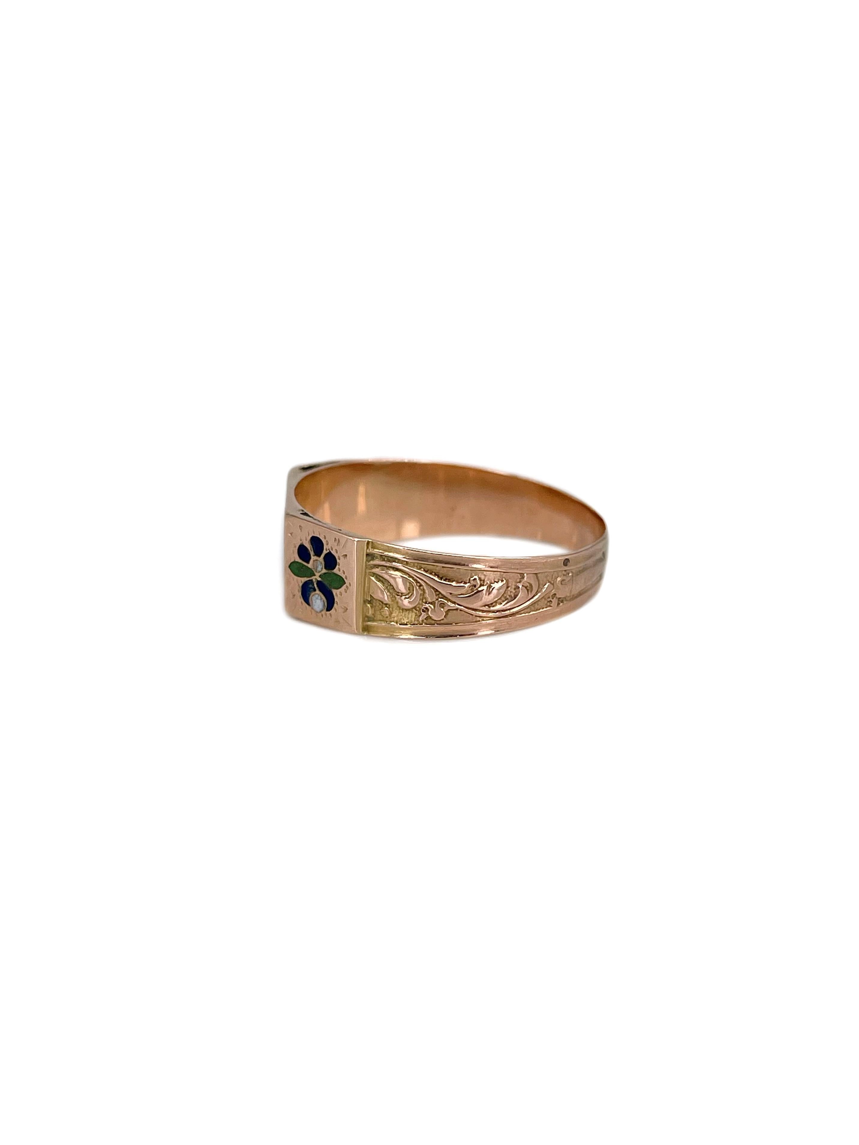 Viktorianischer 14 Karat Gold Blau Rot Grün Weiß Emaille Blumenmotiv Band Ring Damen im Angebot