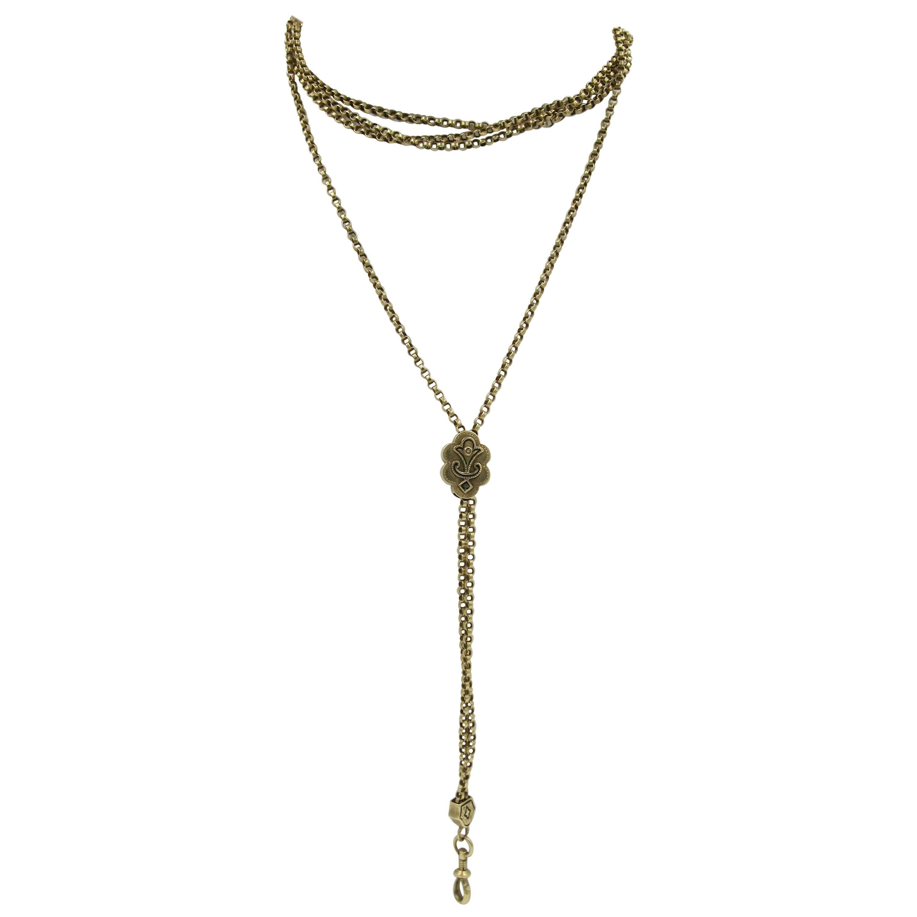 Victorian 14 Karat Gold Chain Necklace Enamel Slide Dog Clip