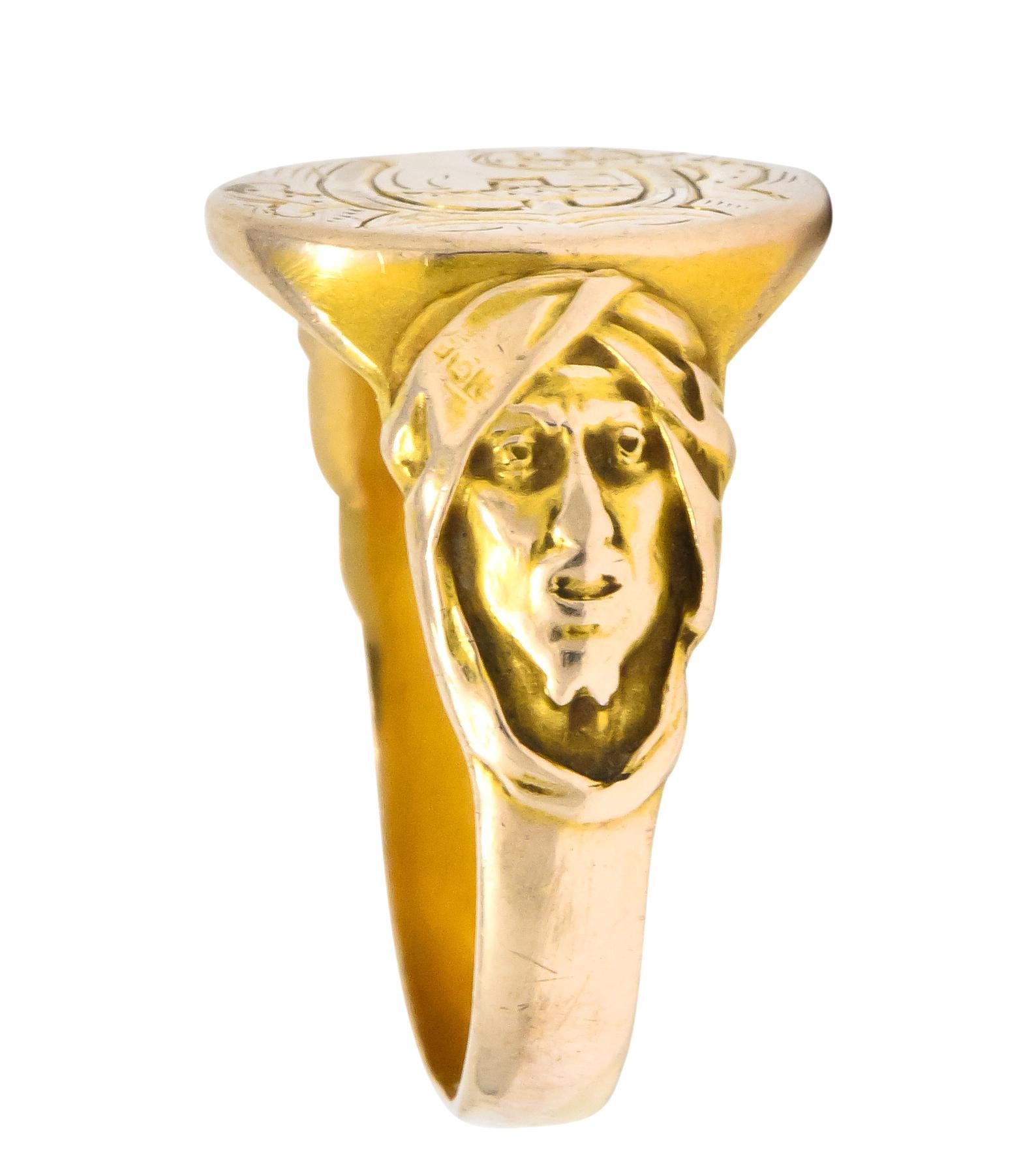 Victorian 14 Karat Gold Cloaked Wise Man Unisex Signet Ring In Excellent Condition In Philadelphia, PA