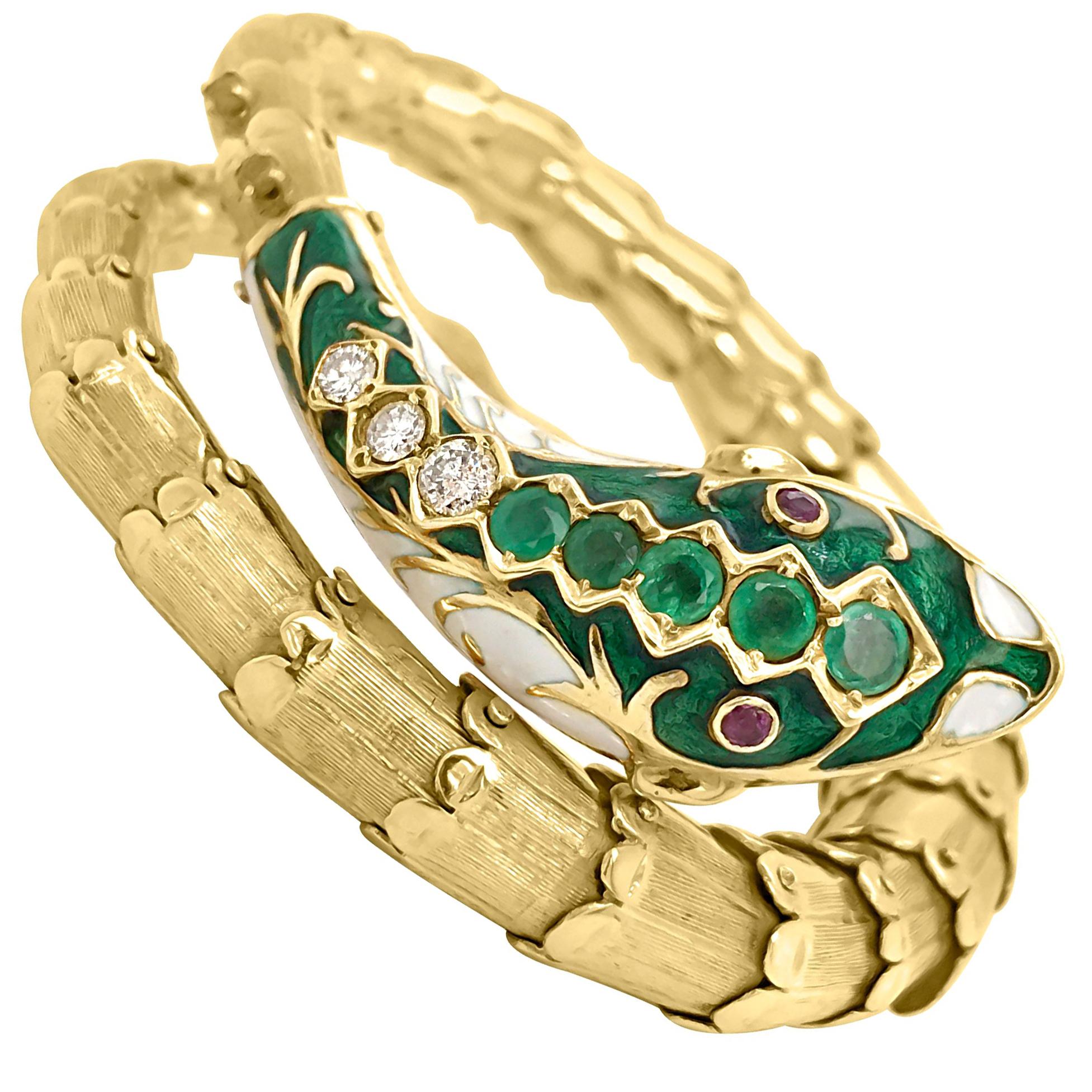 Victorian 14 Karat Gold Diamond and Emerald Enameled Snake Bracelet