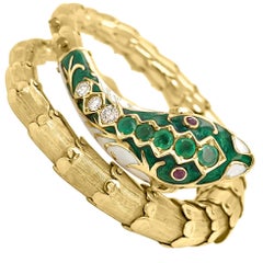 Antique Victorian 14 Karat Gold Diamond and Emerald Enameled Snake Bracelet