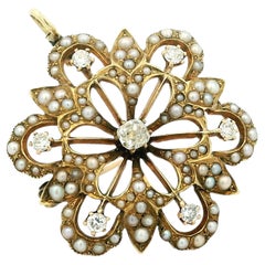 Broche-colgante convertible victoriano de oro de 14 quilates con diamantes y perlas pequeñas