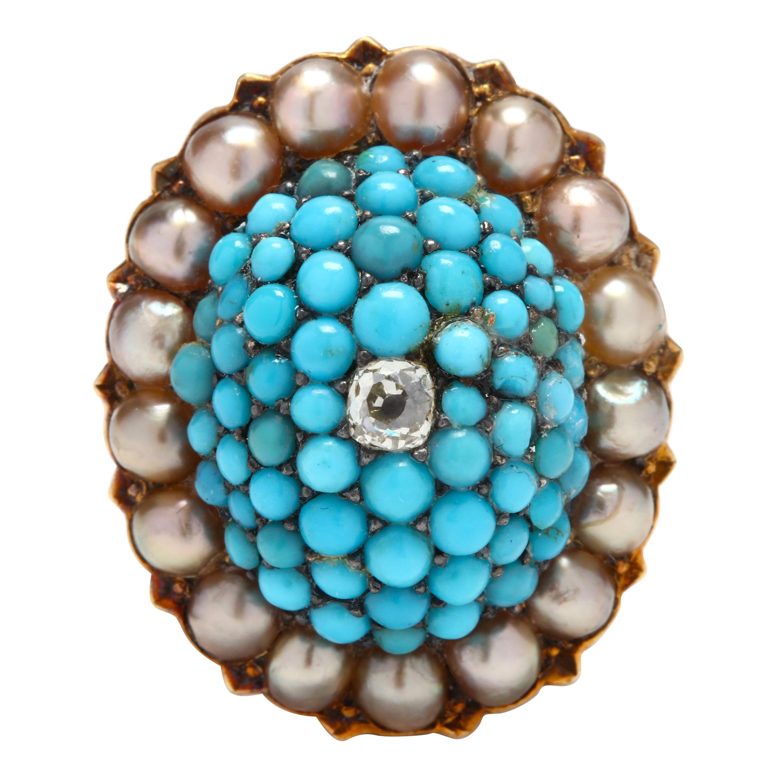 Victorian 14 Karat Gold Diamond, Turquoise, and Pearl Bombe Ring