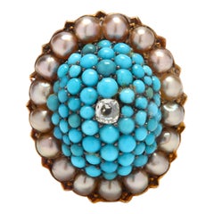 Victorian 14 Karat Gold Diamond, Turquoise, and Pearl Bombe Ring