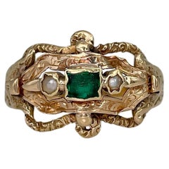 Victorian 18 Karat Gold Emerald Seed Pearl Cocktail Ring