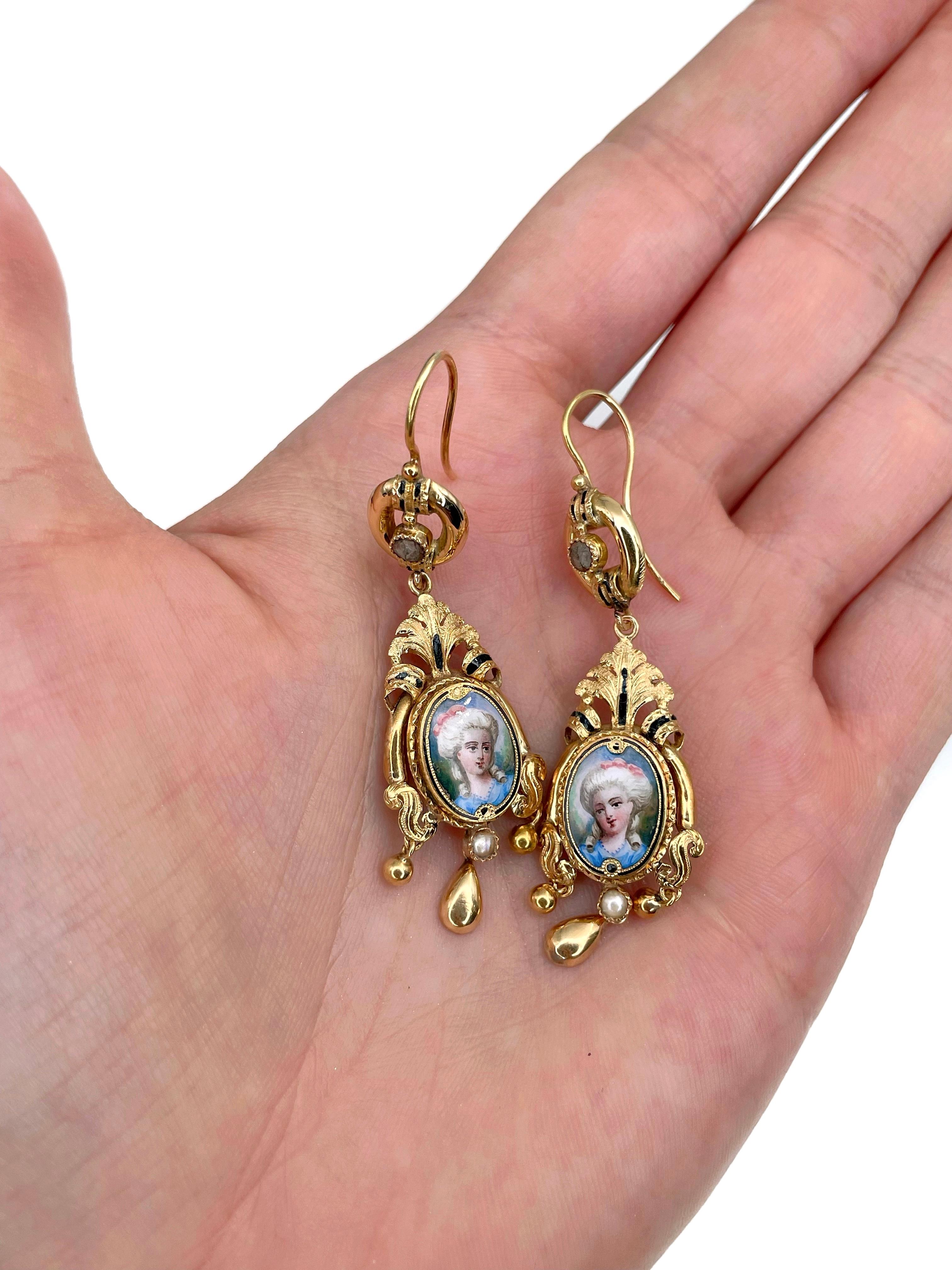 Women's Victorian 14 Karat Gold Enamel Porcelain Lady Miniature Portrait Dangle Earrings
