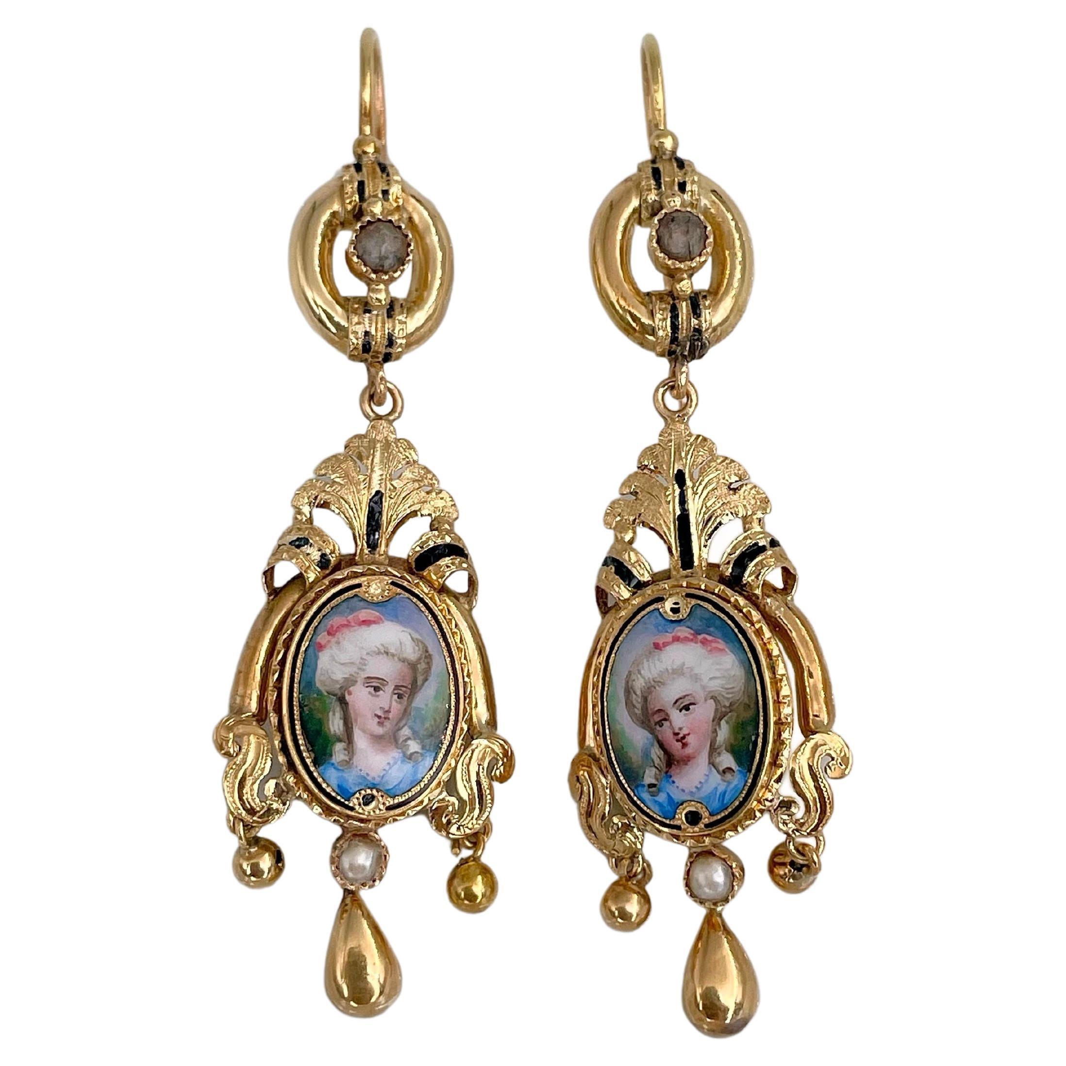 Victorian 14 Karat Gold Enamel Porcelain Lady Miniature Portrait Dangle Earrings