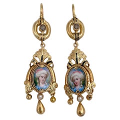 Viktorianische 14 Karat Gold Emaille Porzellan Dame Miniature Porträt baumeln Ohrringe