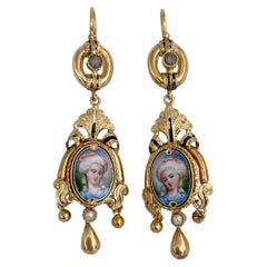 Victorian 14 Karat Gold Enamel Porcelain Lady Miniature Portrait Dangle Earrings