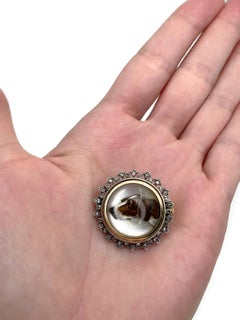 Victorian 14 Karat Gold Essex Crystal Reverse Intaglio Dog Diamond Pin Brooch