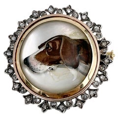 Victorian 14 Karat Gold Essex Crystal Reverse Intaglio Dog Diamond Pin Brooch