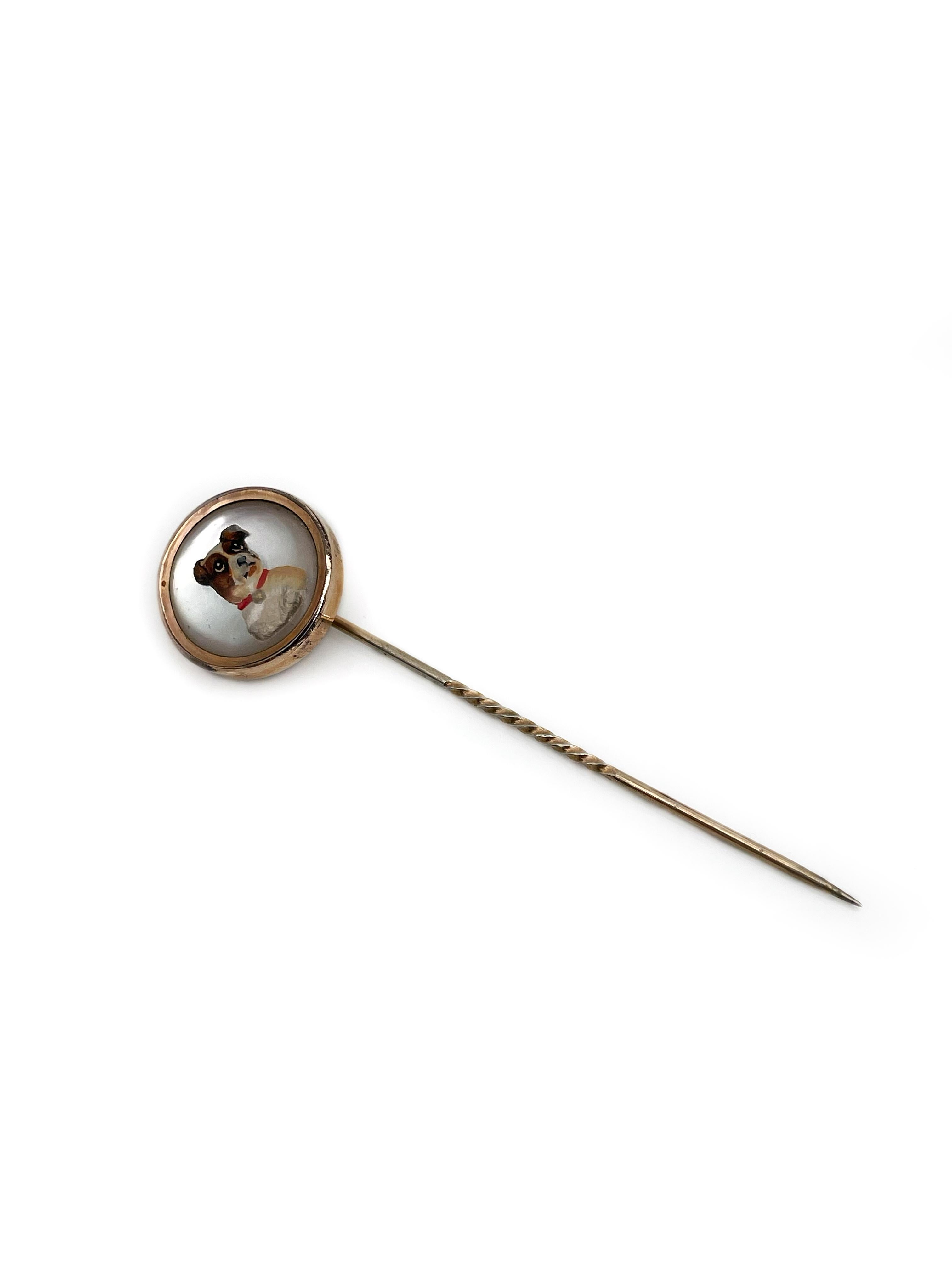 This is an antique Victorian stick pin brooch crafted in 14K gold depicting a cute Jack Russell Terrier. The circular detail is made of cabochon cut rock crystal. The picture of a dog is hand drawn and is remarkably lifelike. 

The piece is made