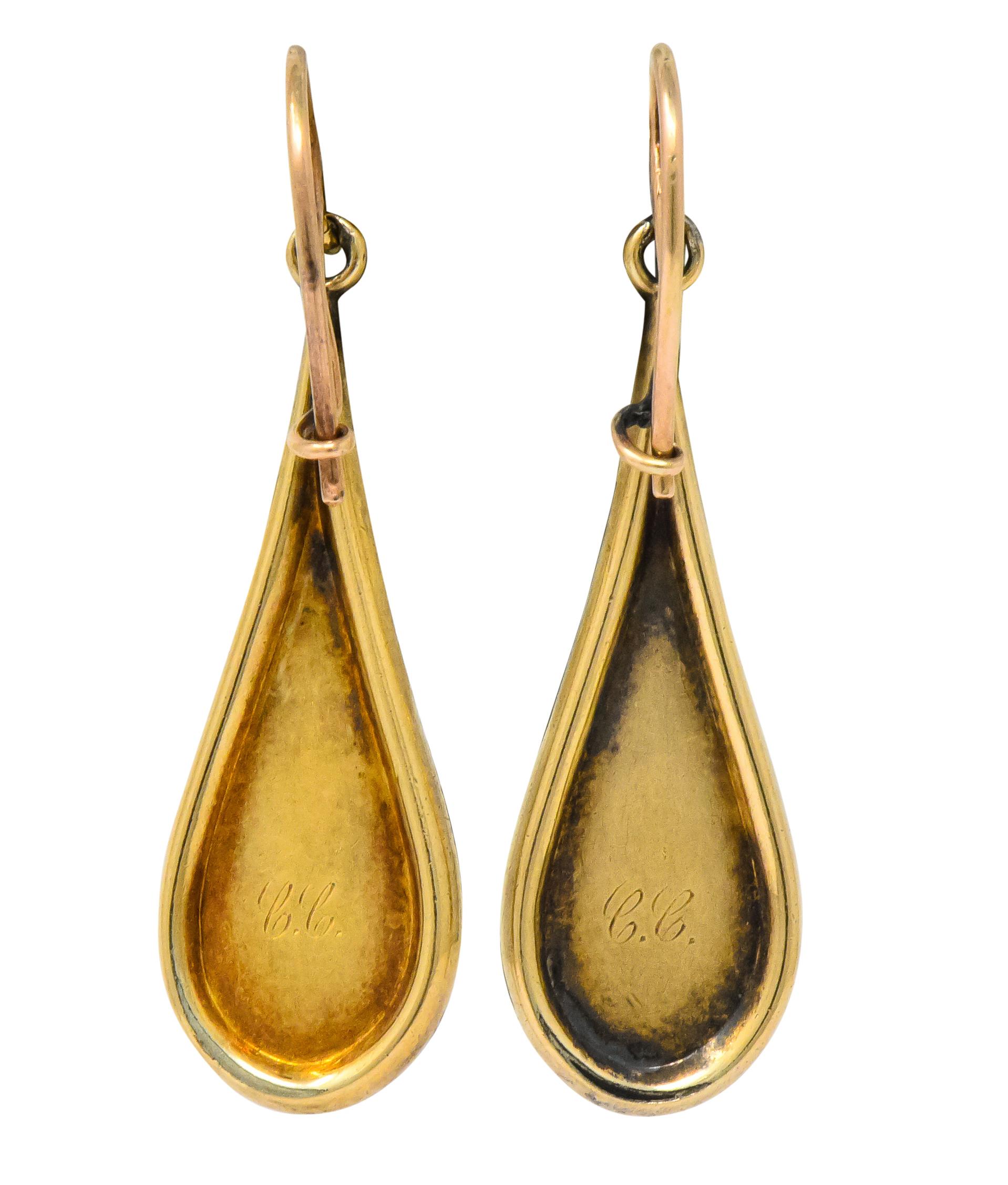 Women's or Men's Victorian 14 Karat Gold Etched Clover Drop Earrings