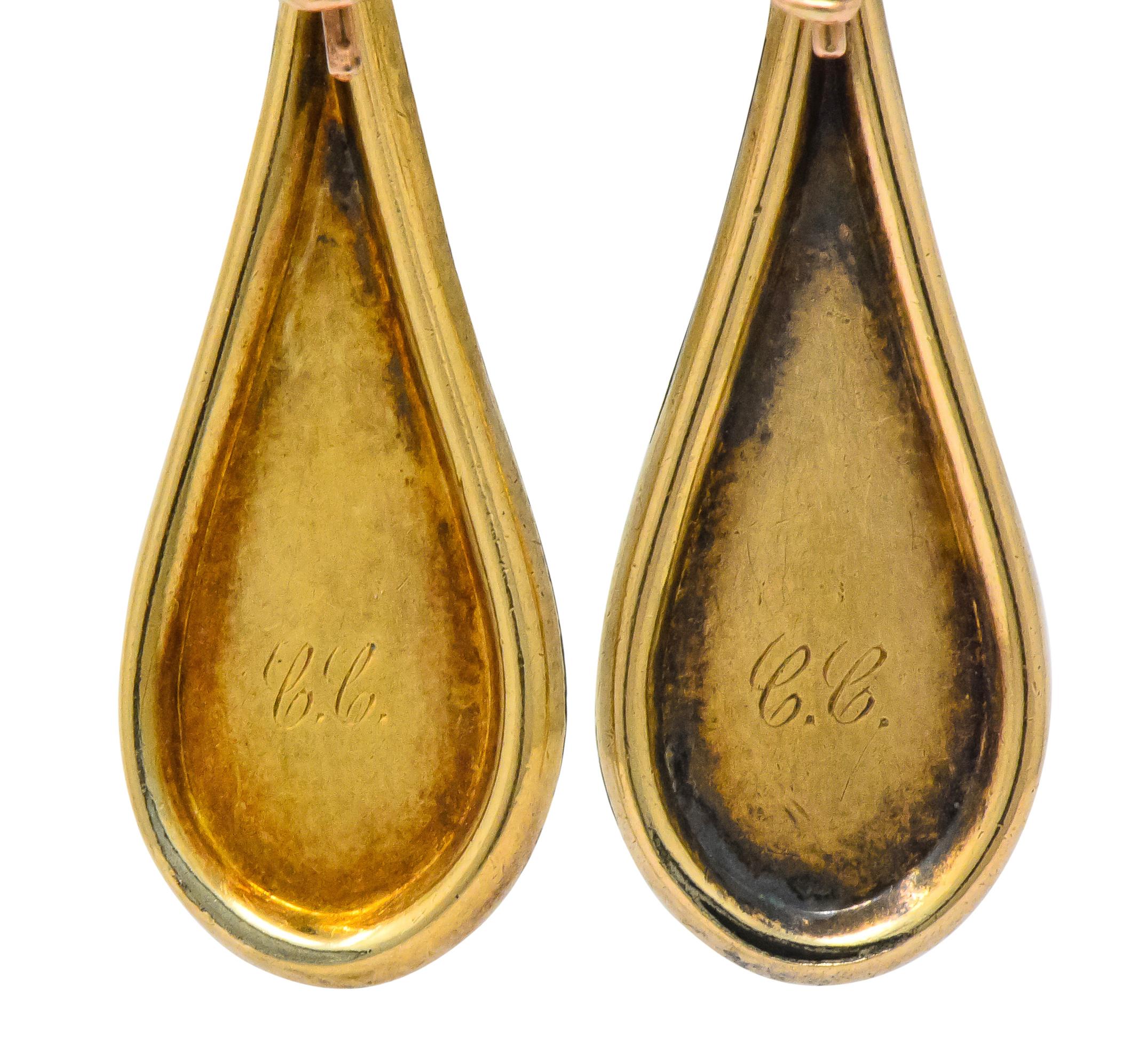 Victorian 14 Karat Gold Etched Clover Drop Earrings 1
