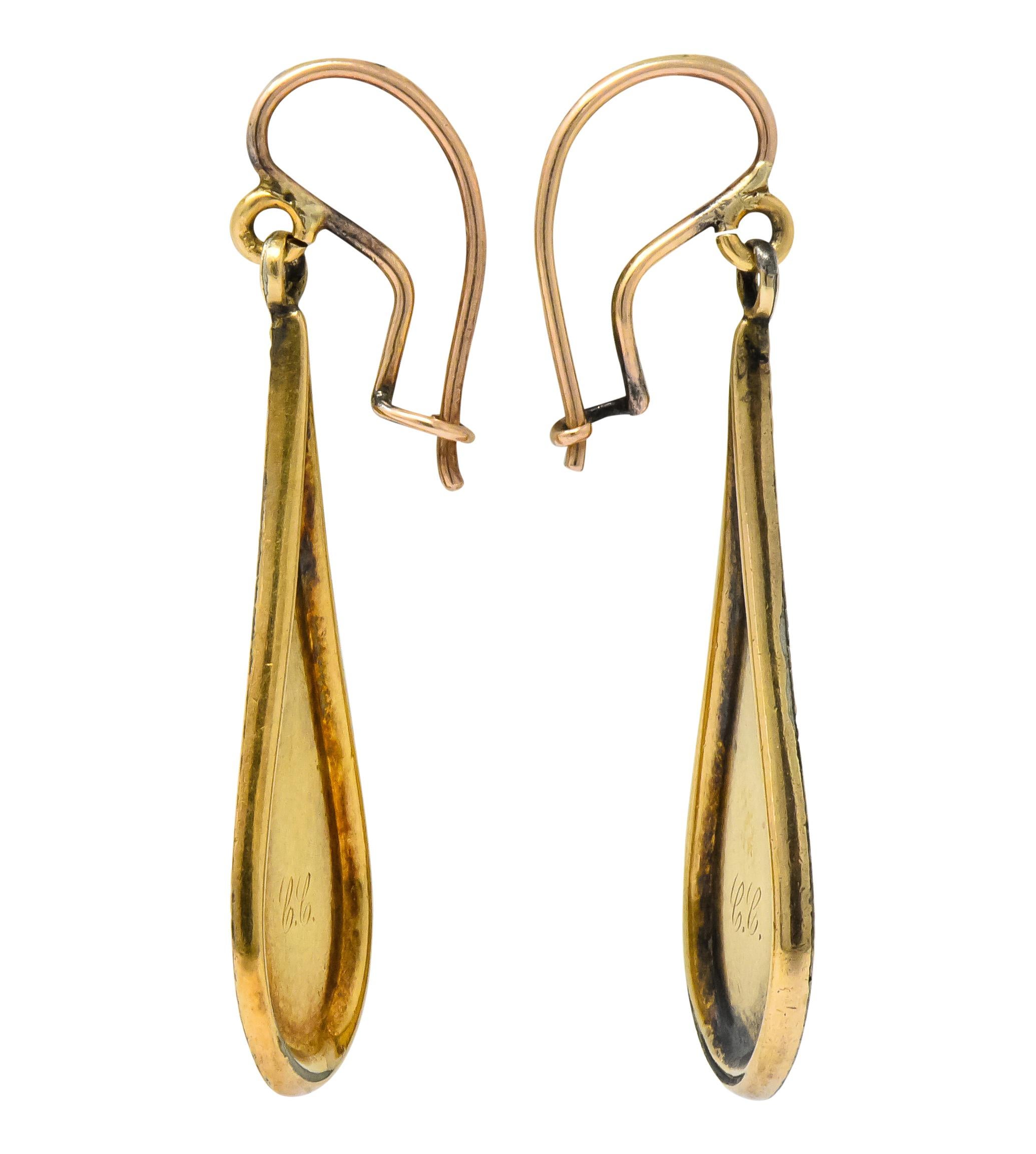 Victorian 14 Karat Gold Etched Clover Drop Earrings 2