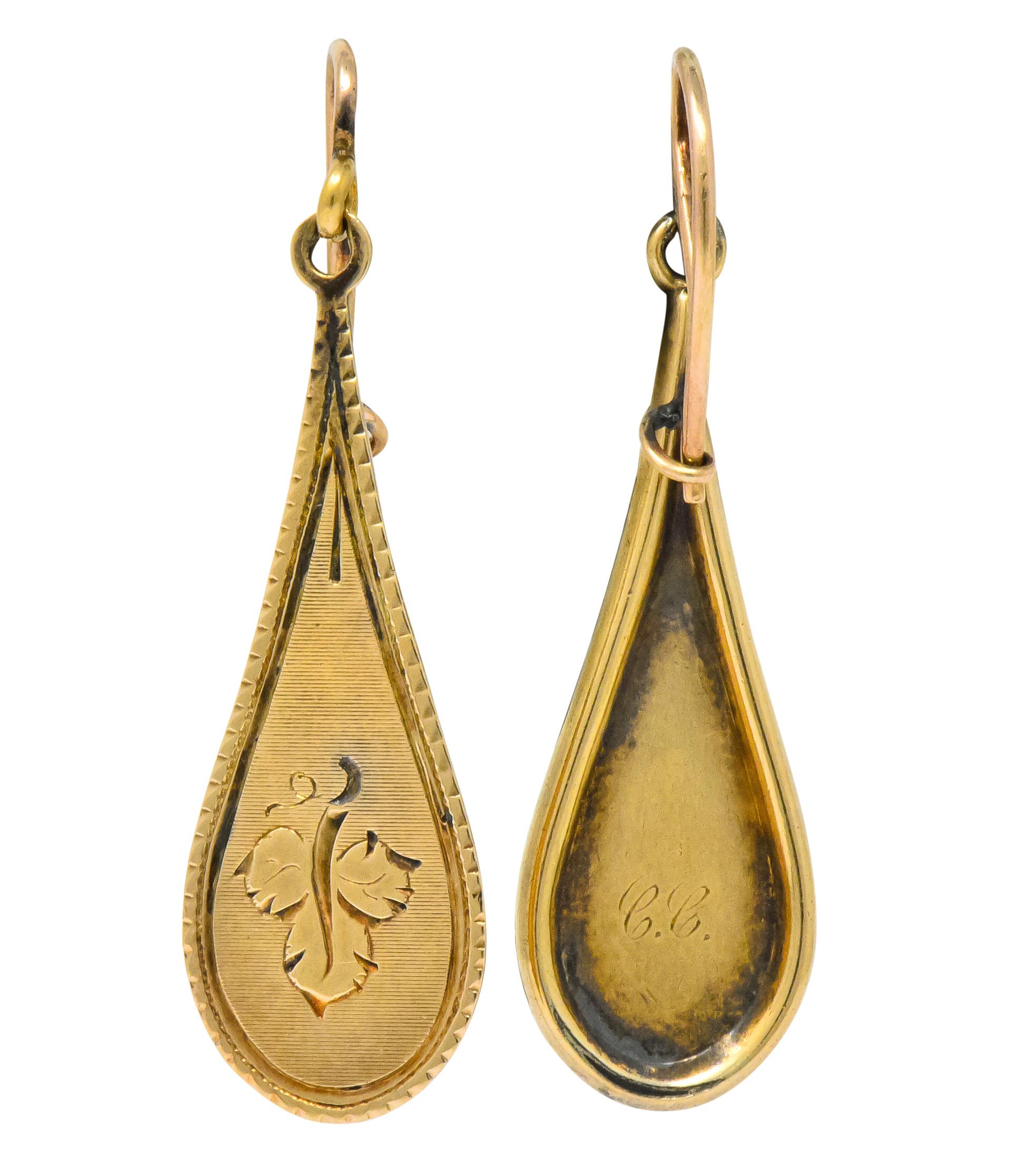 Victorian 14 Karat Gold Etched Clover Drop Earrings 3