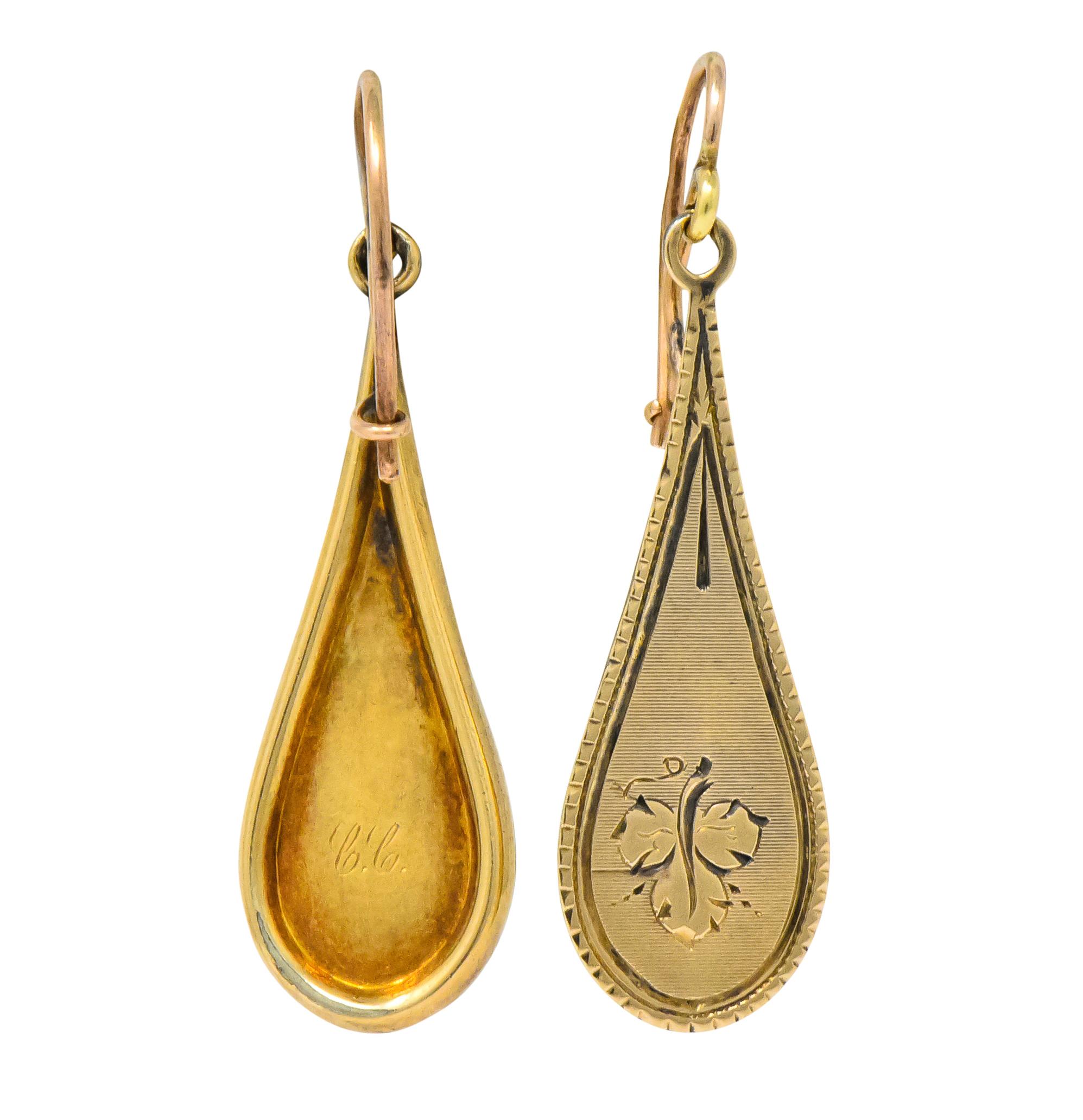 Victorian 14 Karat Gold Etched Clover Drop Earrings 4