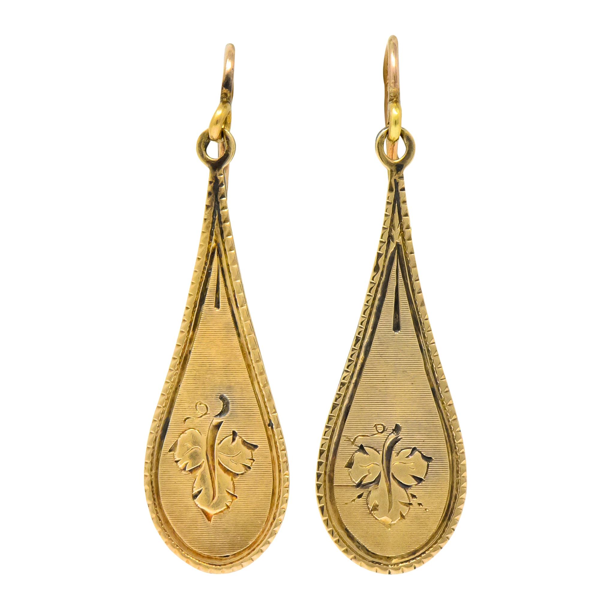 Victorian 14 Karat Gold Etched Clover Drop Earrings