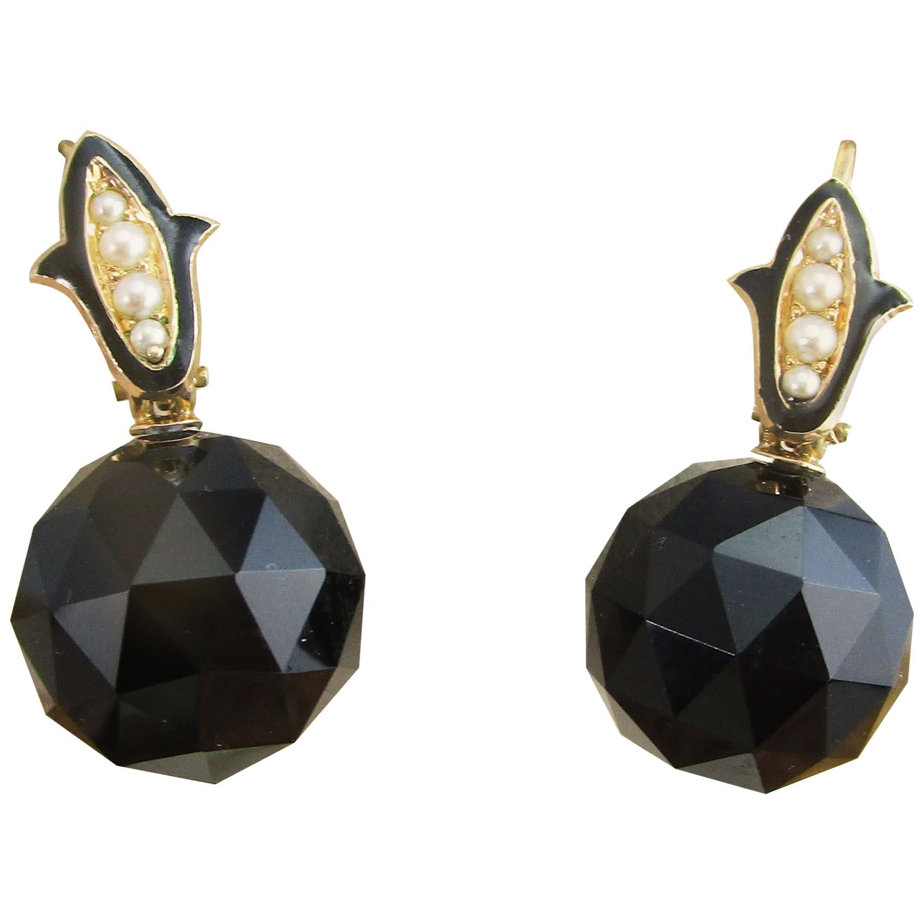 Victorian 14 Karat Gold Faceted Black Onyx Seed Pearl Enamel Accent Earrings For Sale