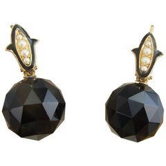 Victorian 14 Karat Gold Faceted Black Onyx Seed Pearl Enamel Accent Earrings
