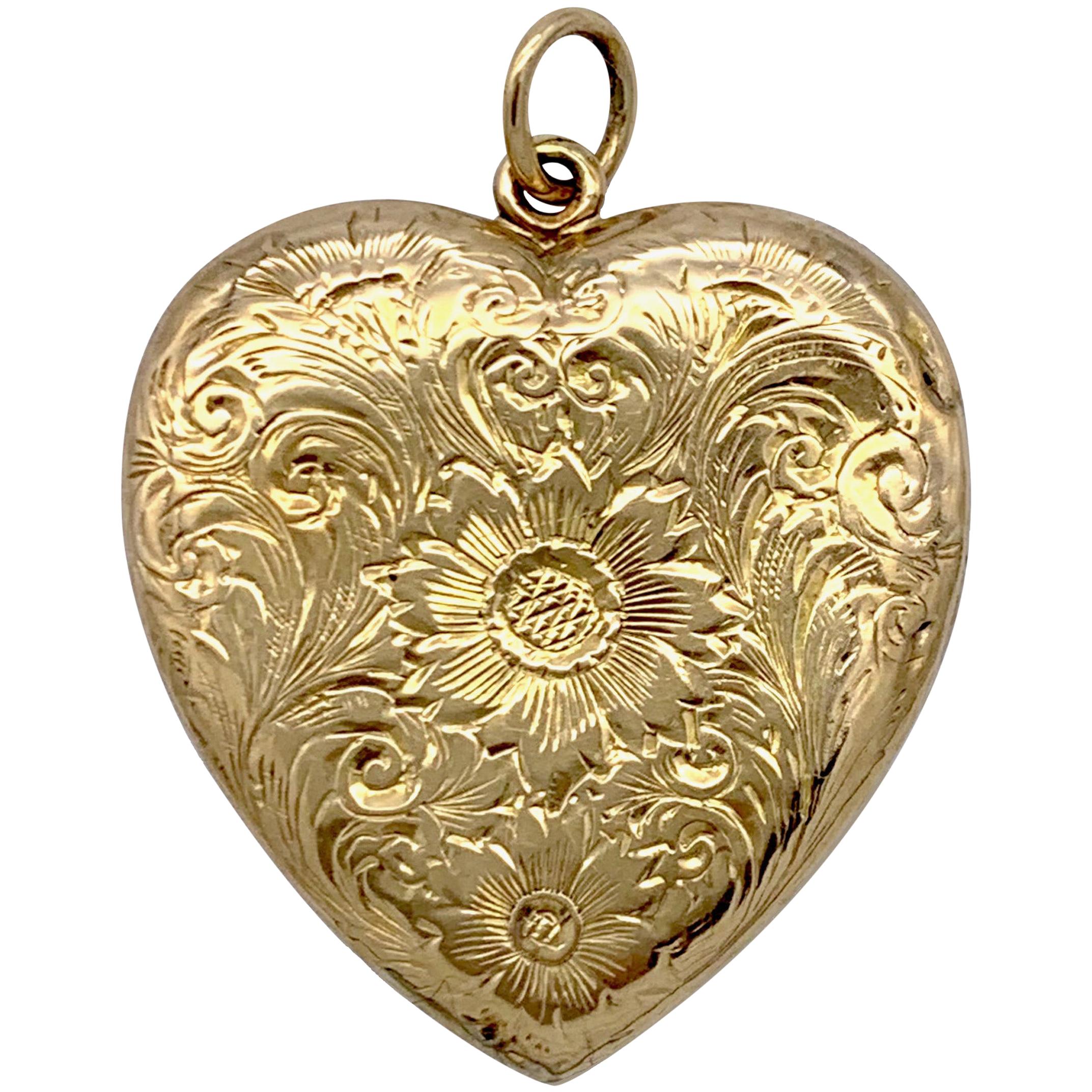 Antique Victorian Heart Locket Pendant 14K Gold Flowers Thistles Scrolls USA