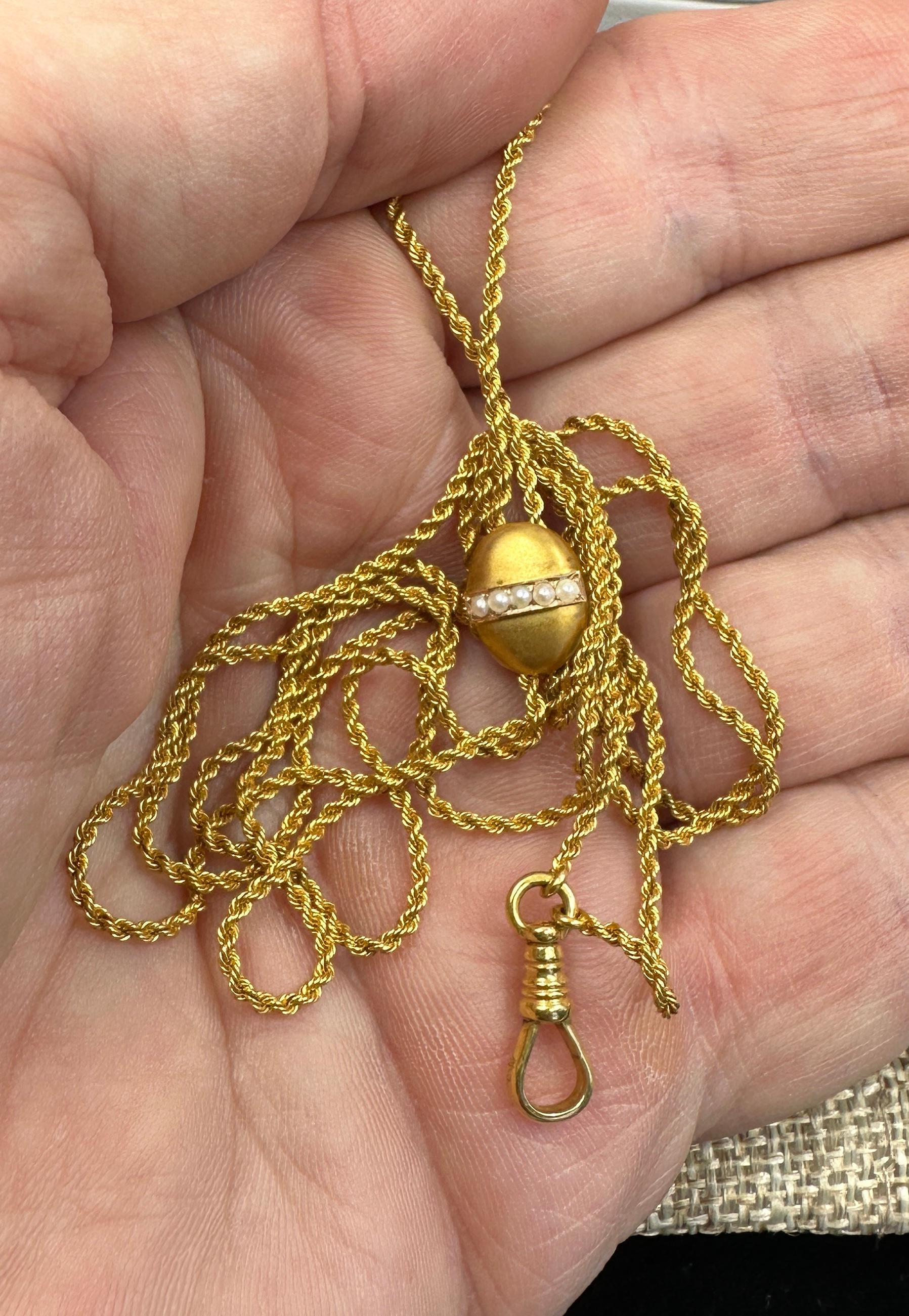 Collana vittoriana a catena Longuard in oro 14 carati da 47 pollici Clip per cani a scorrimento con perle in vendita 5
