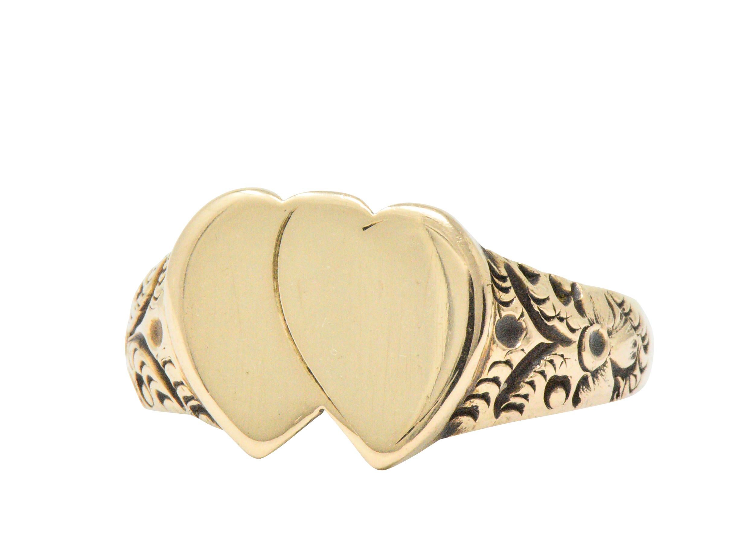 Retro Victorian 14 Karat Gold Men's Double Heart Ring L. Tassara