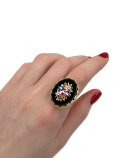 Victorian 14 Karat Gold Onyx Flower Micro Mosaic Oval Cocktail Ring