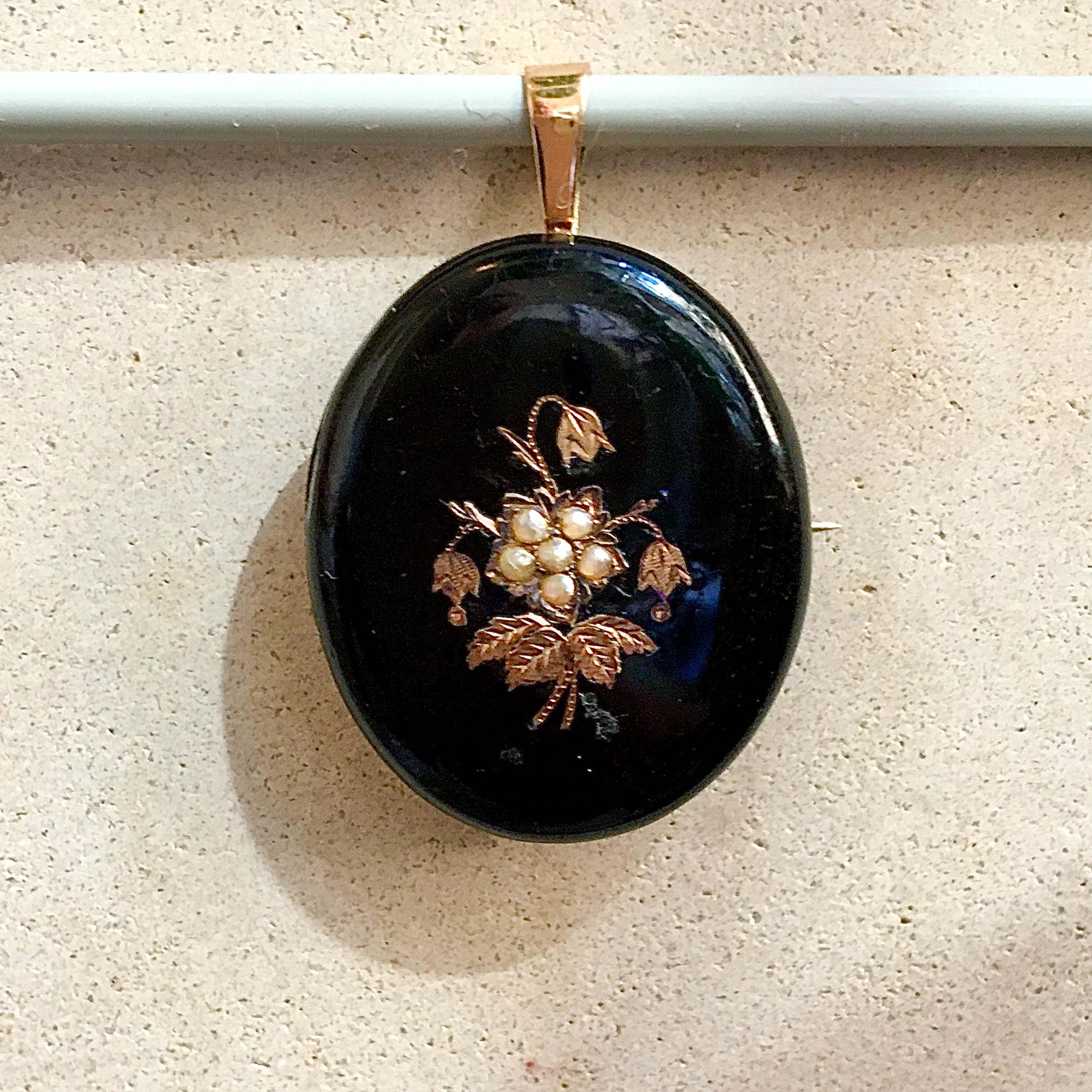 Victorien Pendentif broche en or Onyx noir antique perle de rocaille en vente