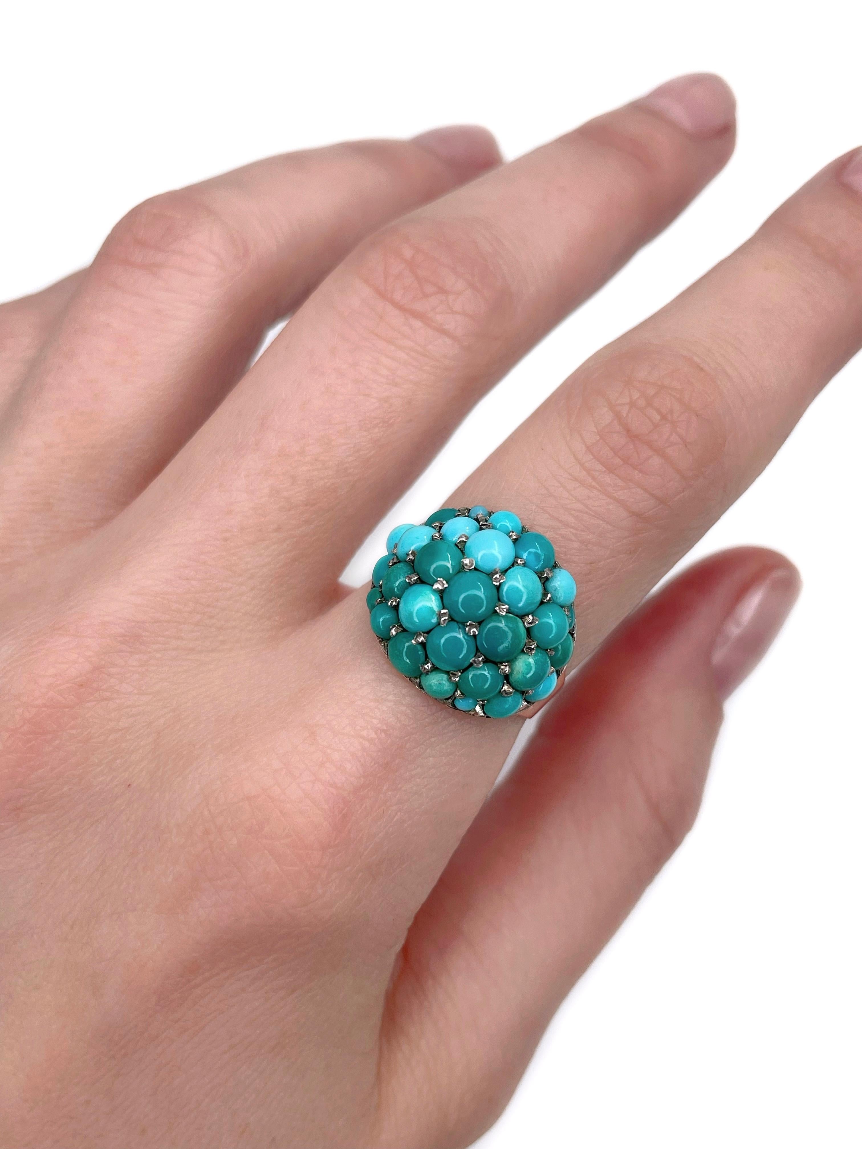 This is a Victorian dome ring crafted in 14K gold. Circa 1890.

The piece features pavé set cabochon cut turquoise of different shades.

Signed “14K” on the shank.

Weight: 5.31g
Size: 17.5 (US 7)

———

If you have any questions, please feel free to