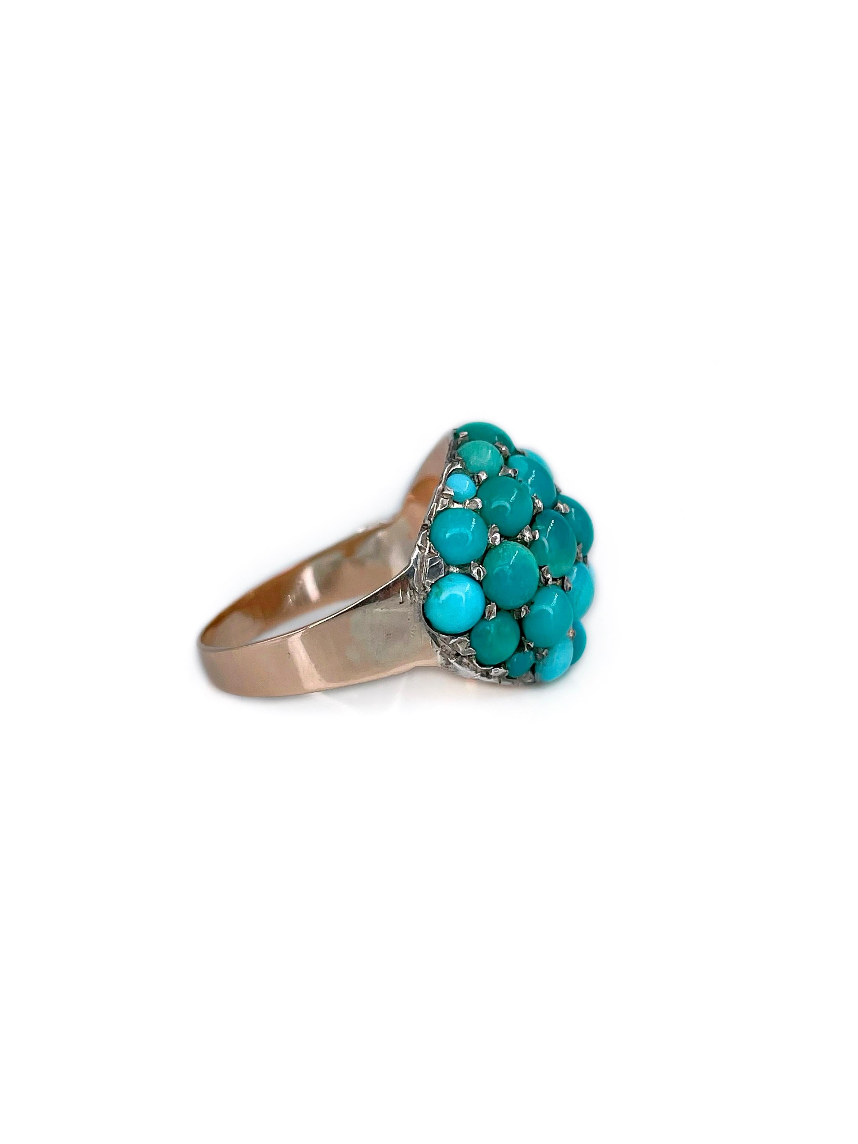 Victorian 14 Karat Gold Pavé Set Turquoise Dome Ring In Good Condition For Sale In Vilnius, LT